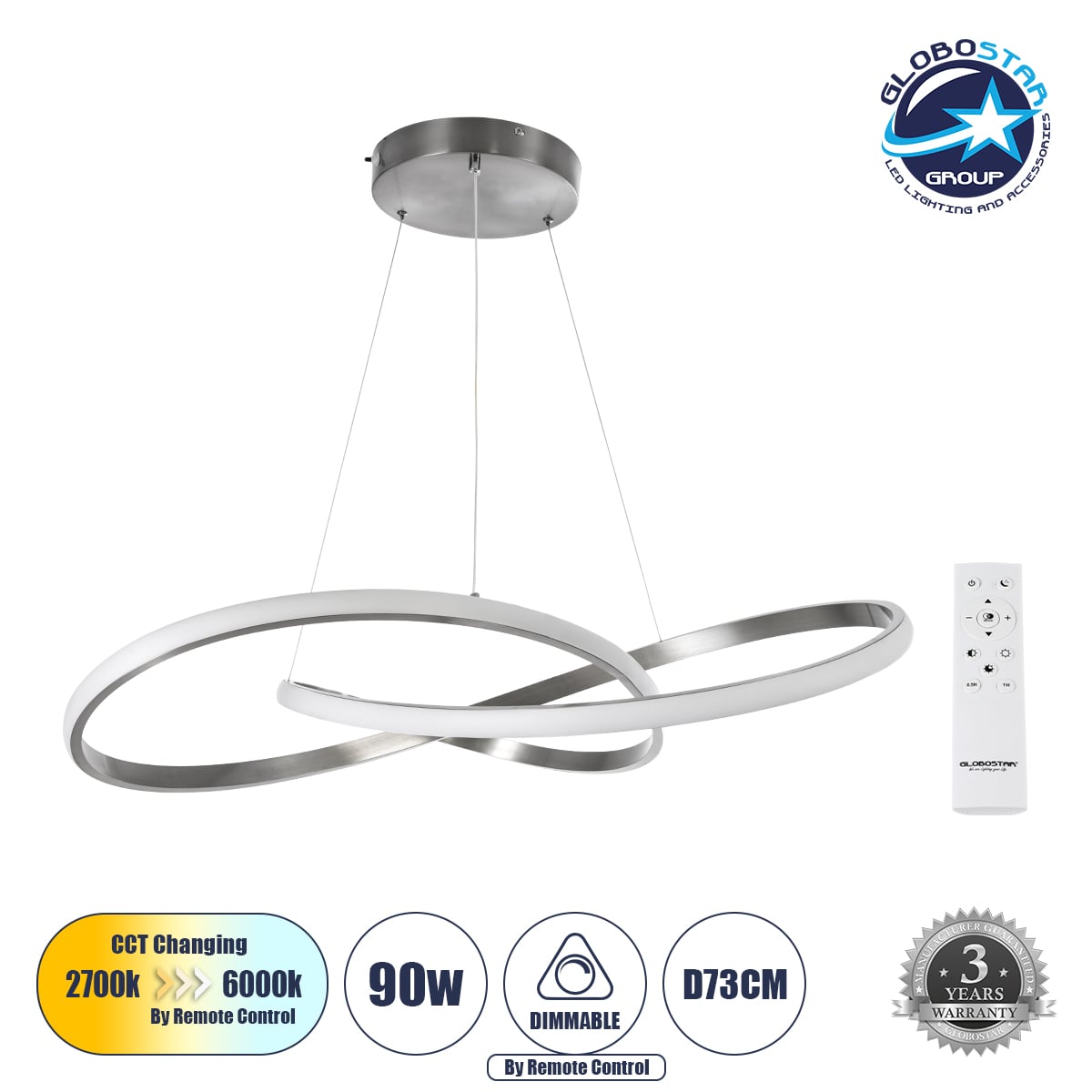 GLOBOSTAR® DEXTER 60915 Μοντέρνο Κρεμαστό Φωτιστικό Οροφής LED 90W 10080lm 300° AC 220-240V IP20 Ρυθμιζόμενο Λευκό CCT με Χειριστήριο από 2700K έως 6000K Dimmable - Lumileds SMD Chip - Σατινέ Νίκελ Βούρτσας - Μ73 x Π73 x Υ16cm - 3 Χρόνια Εγγύηση