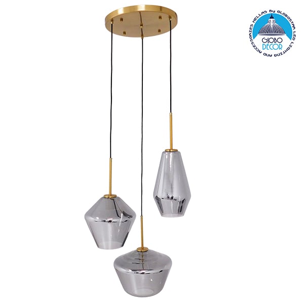 GloboStar® AMARIS 00976 Μοντέρνο Κρεμαστό Φωτιστικό Ανάρτηση Τρίφωτο 3 x E27 IP20 Χρυσό Μέταλλο με Ασημί Γυαλί - Μ50 x Π50 x Y30cm