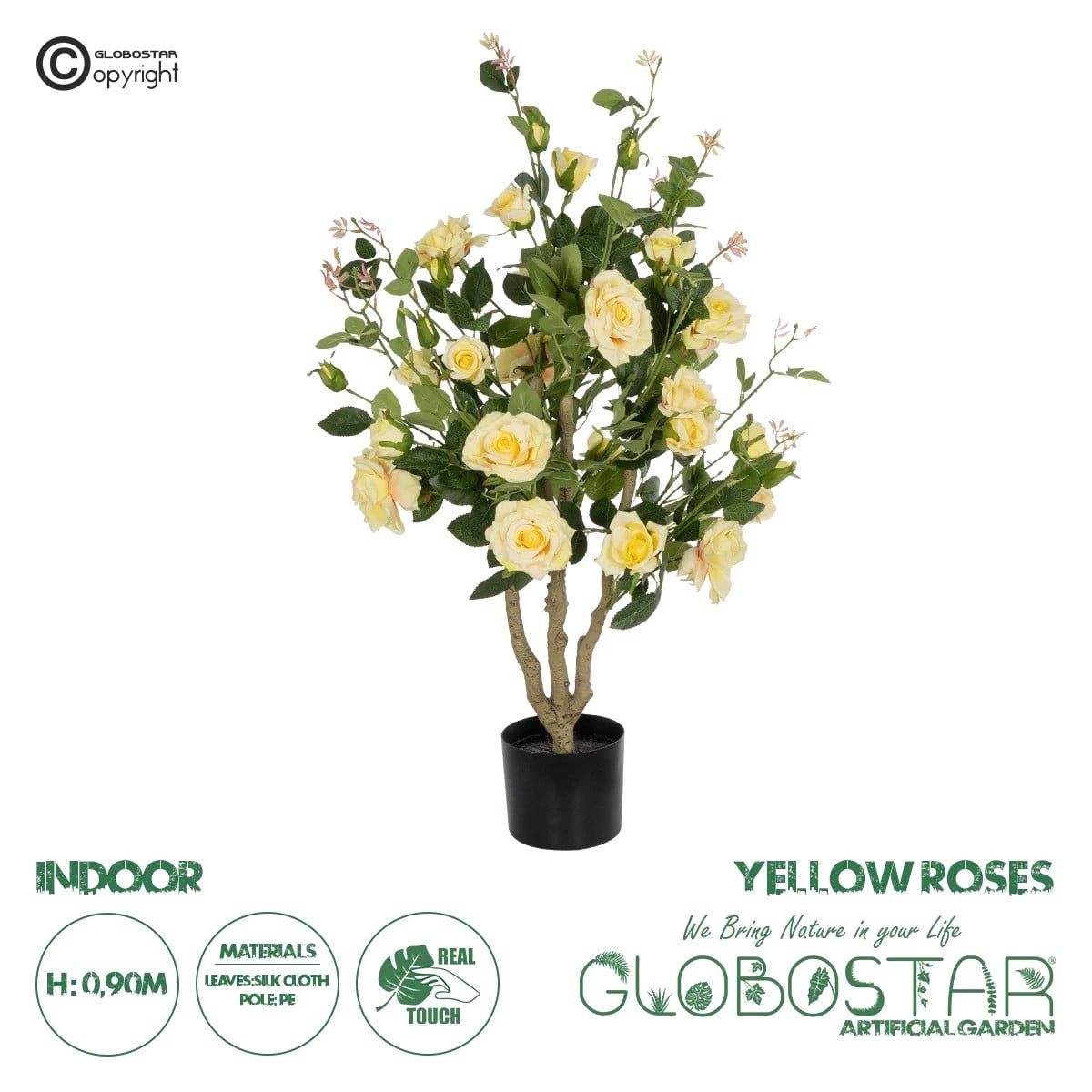 GloboStar® Artificial Garden YELLOW ROSES 21073 Τεχνητό Διακοσμητικό Δέντρο Τριανταφυλλιά Μ50 x Π50 x Υ90cm