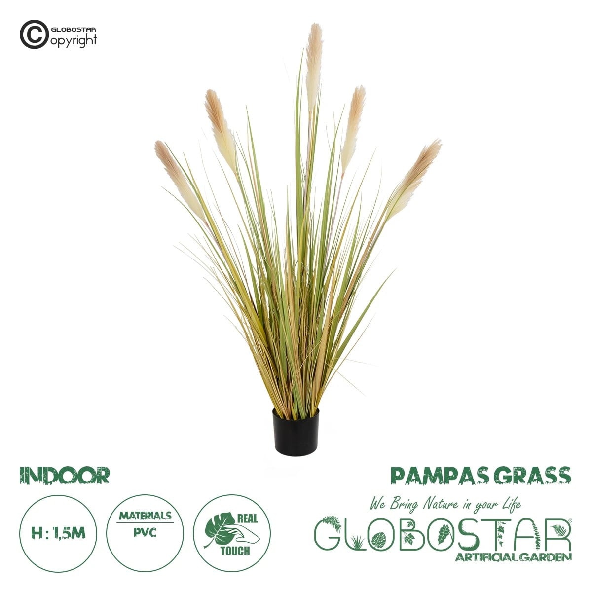 GloboStar® Artificial Garden PAMPAS GRASS 21478 Τεχνητό Διακοσμητικό Φυτό Μπεζ & Πράσινο Πάμπας Μ90 x Π40 x Υ150cm