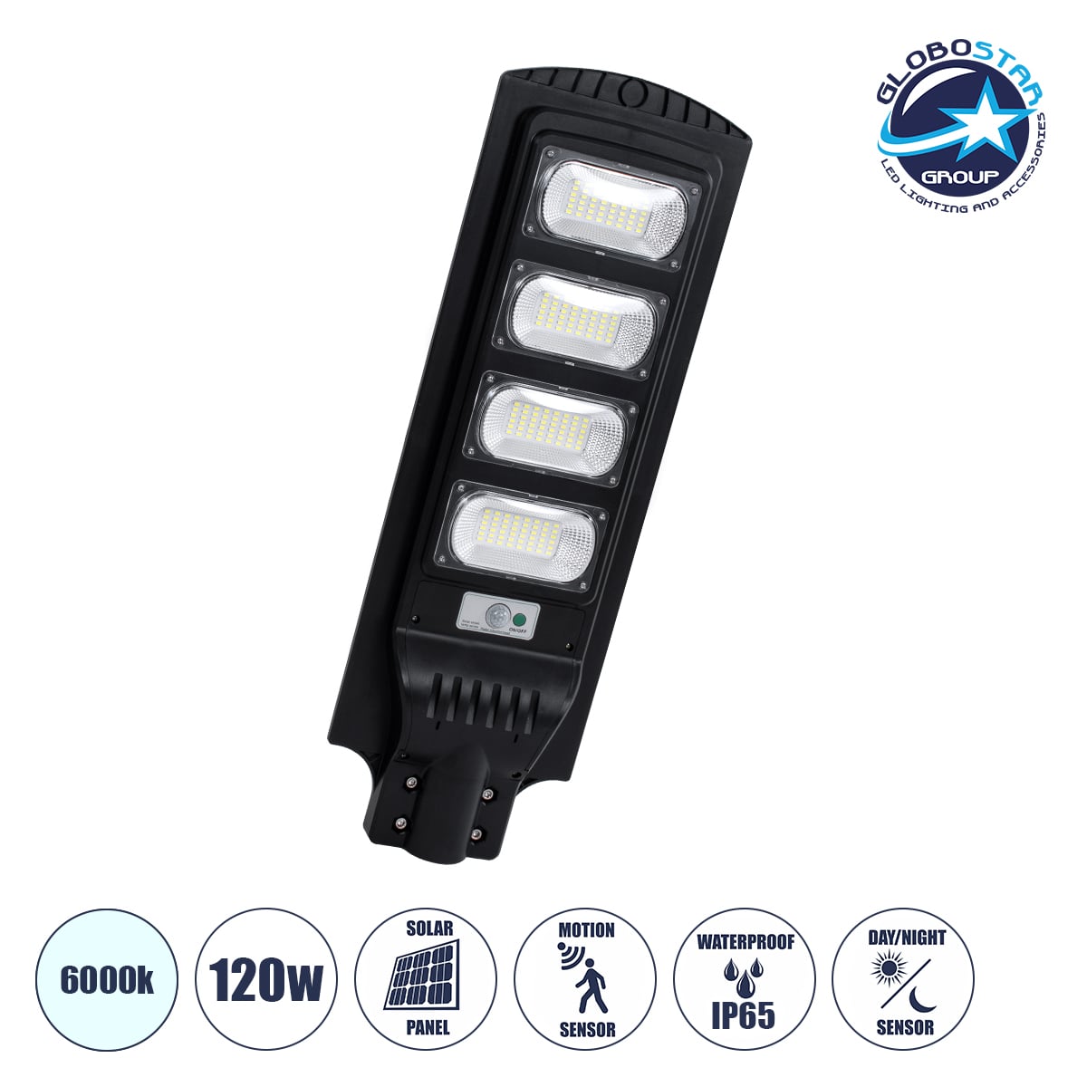 GloboStar® STREETA 85344 Professional LED Solar Street Light Αυτόνομο Ηλιακό Φωτιστικό Δρόμου 120W 6000lm 192 x LED SMD 5730 με Ενσωματωμένο Φωτοβολταϊκό Panel 6V 15W & Επαναφορτιζόμενη Μπαταρία Li-ion 3.2V 15000mAh με Αισθητήρα Ημέρας-Νύχτας & PIR Αισθητήρα Κίνησης - Αδιάβροχο IP65 - Ψυχρό Λευκό 6000K - Μ24 x Π6 x Υ73cm - 2 Years Warranty