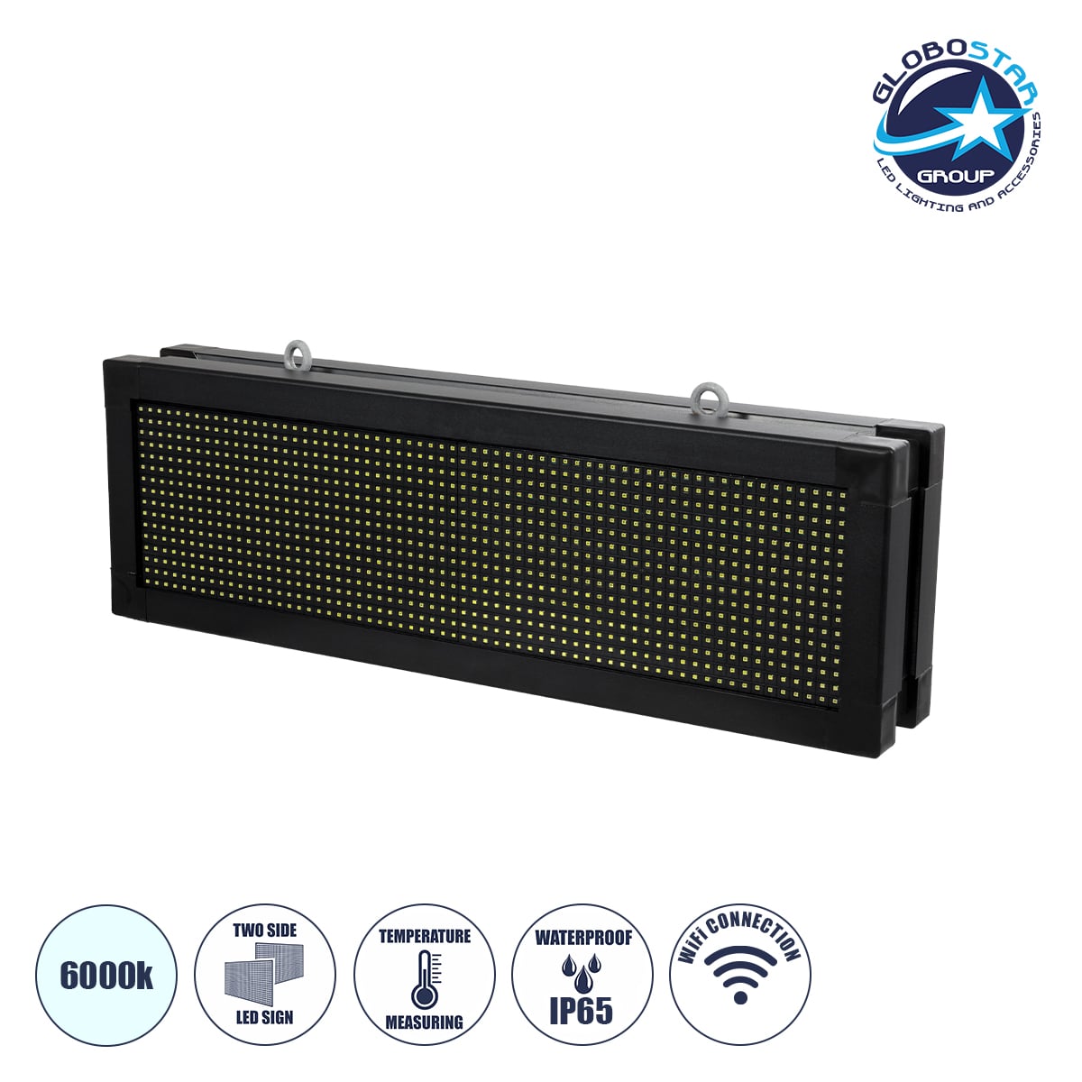 GLOBOSTAR® DISPLAY 90316 Κυλιόμενη Ψηφιακή Επιγραφή Διπλής Όψης 64x16cm P10 64x16 Pixel LED 100W AC 220-240V Αδιάβροχο IP65 Ψυχρό Λευκό 6000K - WiFi Control μέσω FK APP - Αισθητήρας Θερμοκρασίας & Υγρασίας - Μ70.5 x Π11 x Υ22.5cm - 2 Χρόνια Εγγύηση