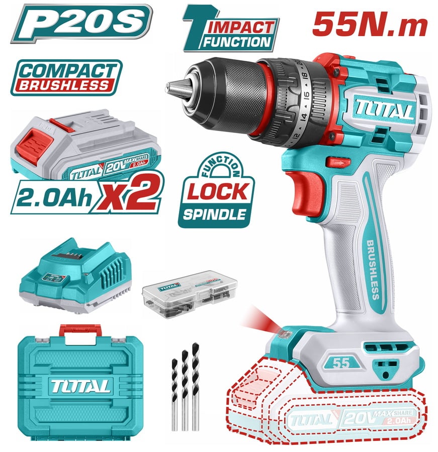 TOTAL ΕΠΑΓΓ. ΔΡΑΠ/ΒΙΔΟ ΚΡΟΥΣΤΙΚΟ ΜΠΑΤ. Li-ion 20V / 2Ah / 55Nm / 2 ΜΠΑΤ BL Motor (TIDLI20558E)