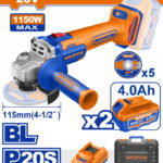 WADFOW ΣΕΤ ΓΩΝΙΑΚΟΣ ΤΡΟΧΟΣ 115mm ΜΠΑΤ. Li-ion 20V / 1150W / 4Ah / 2 ΜΠΑΤ BL Motor (WLAPB522E)