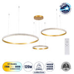 GLOBOSTAR® DIAMOND TRIO 61145 Μοντέρνο Κρεμαστό Φωτιστικό Οροφής LED 120W 14723lm 360° AC 220-240V IP20 Ρυθμιζόμενο Λευκό CCT με Χειριστήριο από 2700K έως 6000K Dimmable - Lumileds SMD Chip - Χρυσό Βούρτσας - Μ150 x Π150 x Υ60cm - 3 Χρόνια Εγγύηση