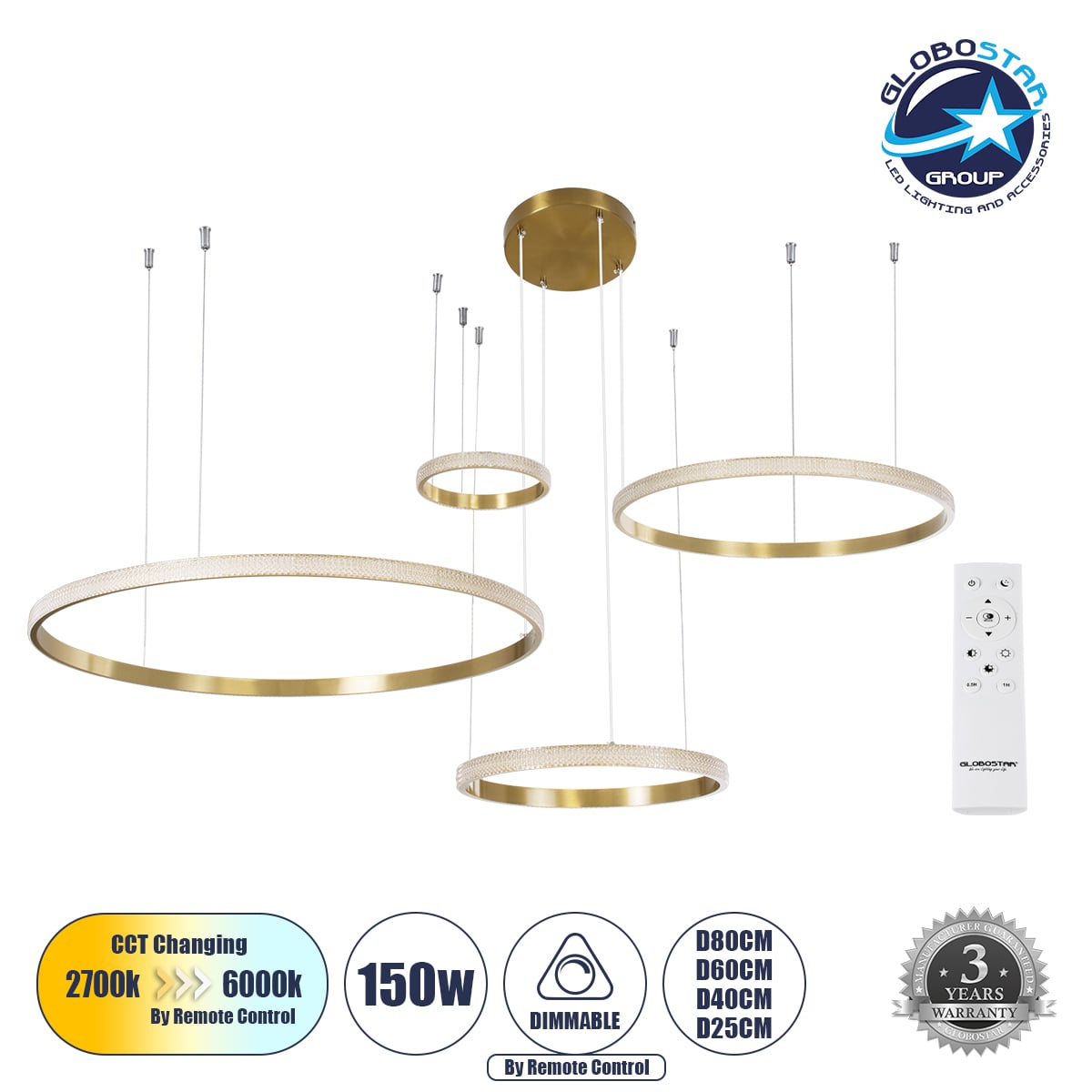 GLOBOSTAR® DIAMOND TETRA 61149 Μοντέρνο Κρεμαστό Φωτιστικό Οροφής LED 150W 15000lm 360° AC 220-240V IP20 Ρυθμιζόμενο Λευκό CCT με Χειριστήριο από 2700K έως 6000K Dimmable - Lumileds SMD Chip - Χρυσό Βούρτσας - Μ150 x Π150 x Υ120cm - 3 Χρόνια Εγγύηση