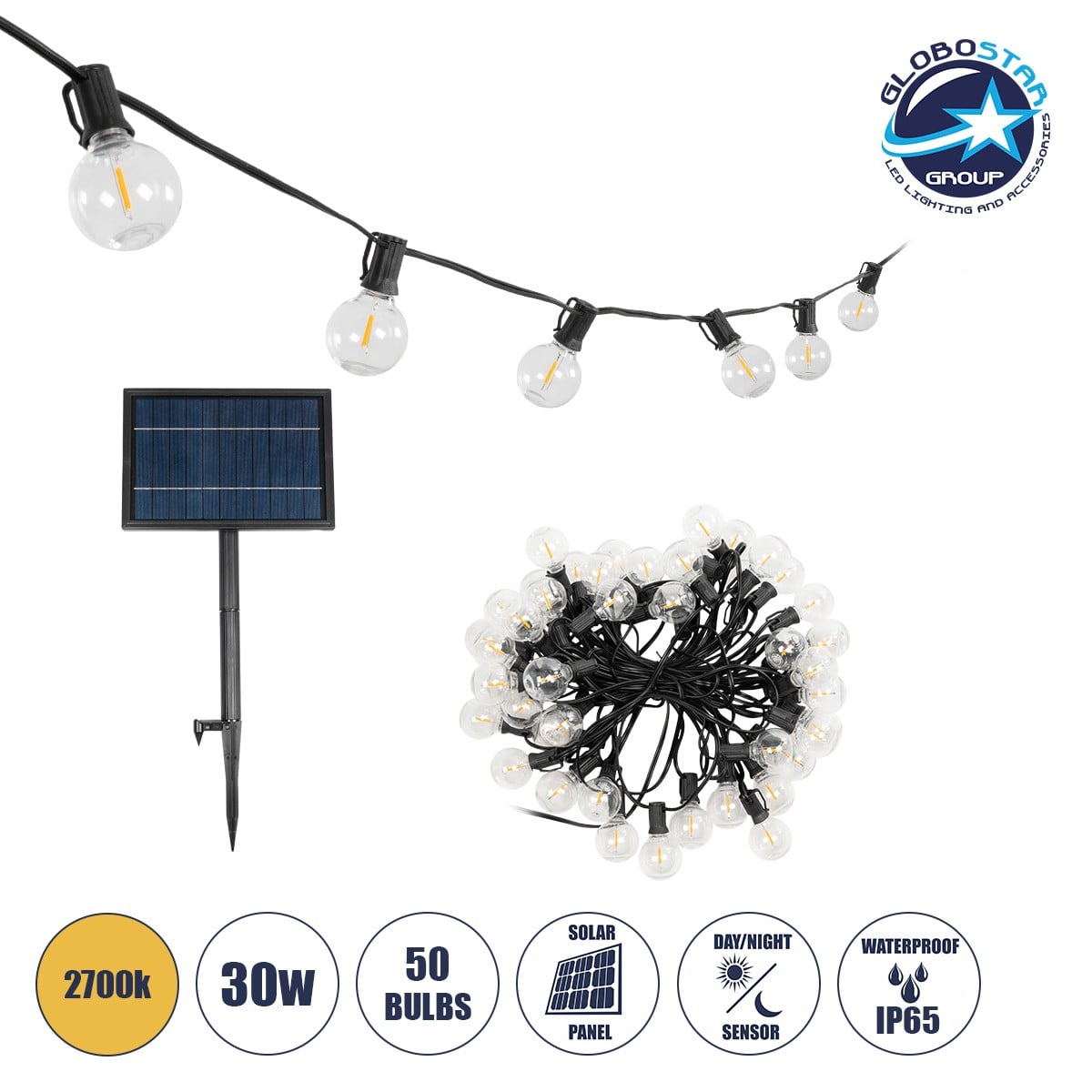 GLOBOSTAR® TWILIGHT 79669 Μοντέρνο Φωτιστικό Κήπου Γιρλάντα 14.5m με 50 Λάμπες LED 30W 2700lm 360° DC 3.6V με Φωτοβολταϊκό Panel 5.5V 5W & Επαναφορτιζόμενη Μπαταρία Li-ion 3.7V 3x18650 6600mAh Αδιάβροχο IP65 Θερμό Λευκό 2700Κ Dimmable - Sanan SMD Chip - Μαύρο & Διάφανο - Μ1450 x Π4 x Υ7cm - 2 Χρόνια Εγγύηση