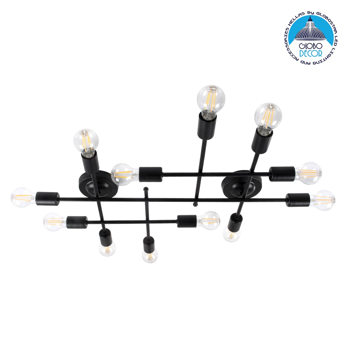 GLOBOSTAR® PIPING 00667-1 Vintage Φωτιστικό Οροφής με Ντουί 12 x E27 AC 220-240V IP20 - Μαύρο - Μ78.5 x Π9.5 x Υ64cm