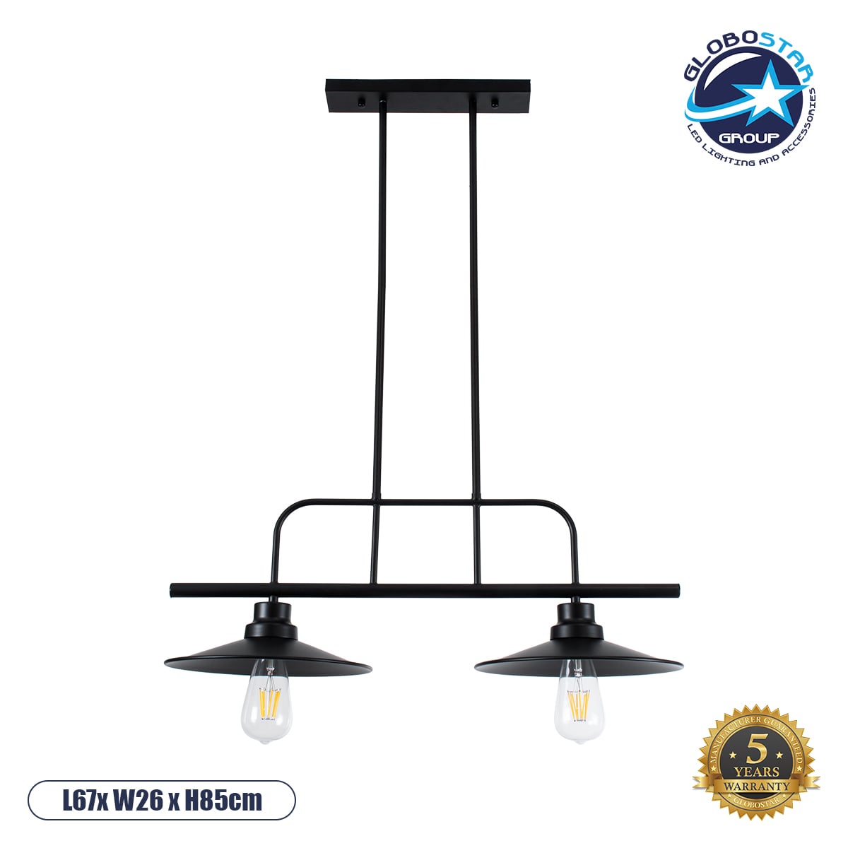 GLOBOSTAR® REGAL 01007 Vintage Φωτιστικό Οροφής με Ντουί 2 x E27 AC 220-240V IP20 - Μαύρο - Μ67 x Π26 x Υ85cm