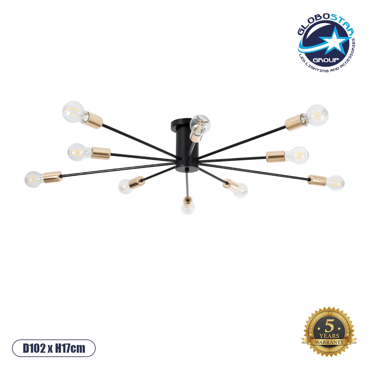 GLOBOSTAR® OLINDA 01244 Μοντέρνο Φωτιστικό Οροφής με Ντουί 10 x E27 AC 220-240V IP20 - Μαύρο & Χρυσό - Μ102 x Π102 x Υ17cm