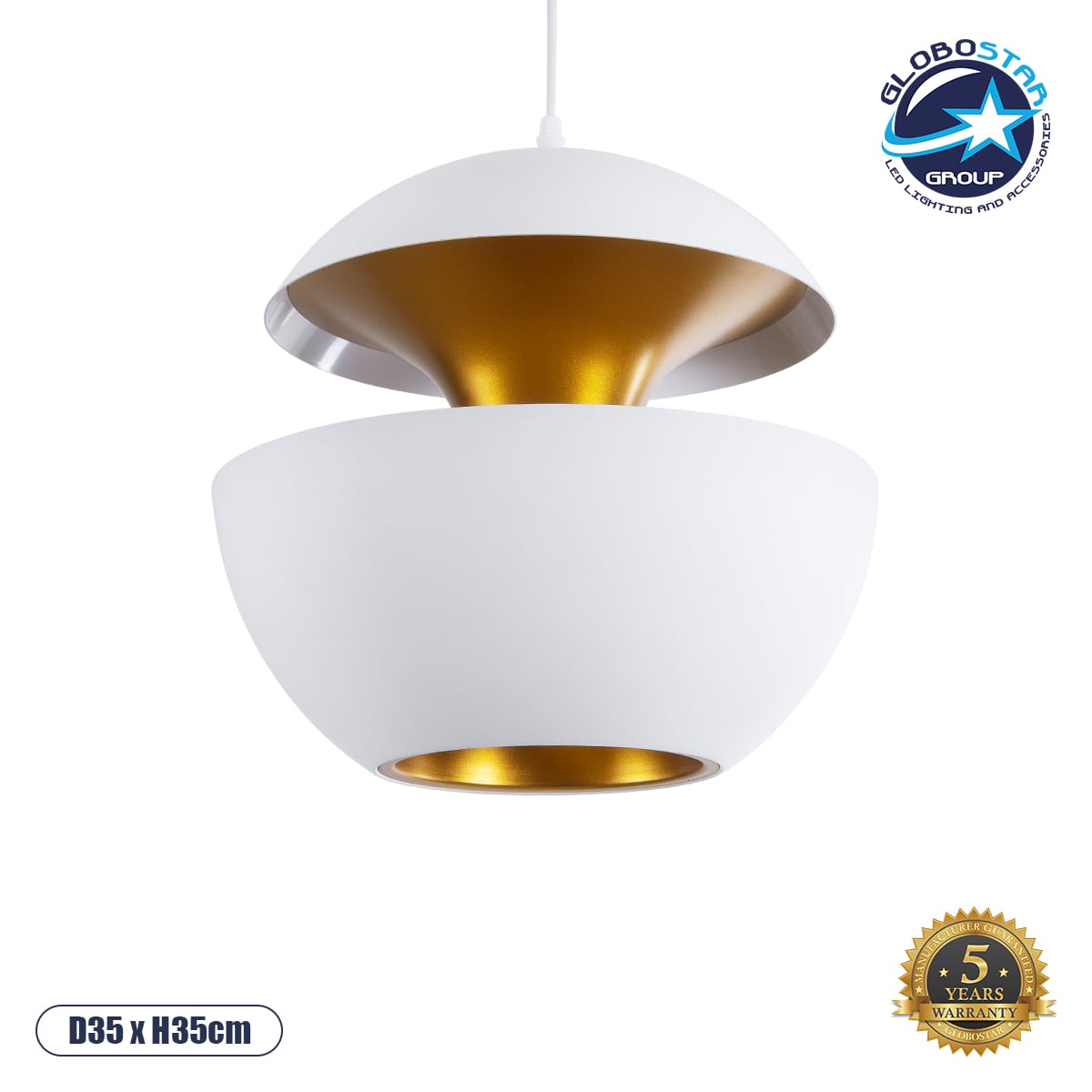 GLOBOSTAR® SEVILLE 01268 Μοντέρνο Κρεμαστό Φωτιστικό Οροφής με Ντουί 1 x E27 AC 220-240V IP20 - Λευκό & Χρυσό - Μ35 x Π35 x Υ35cm