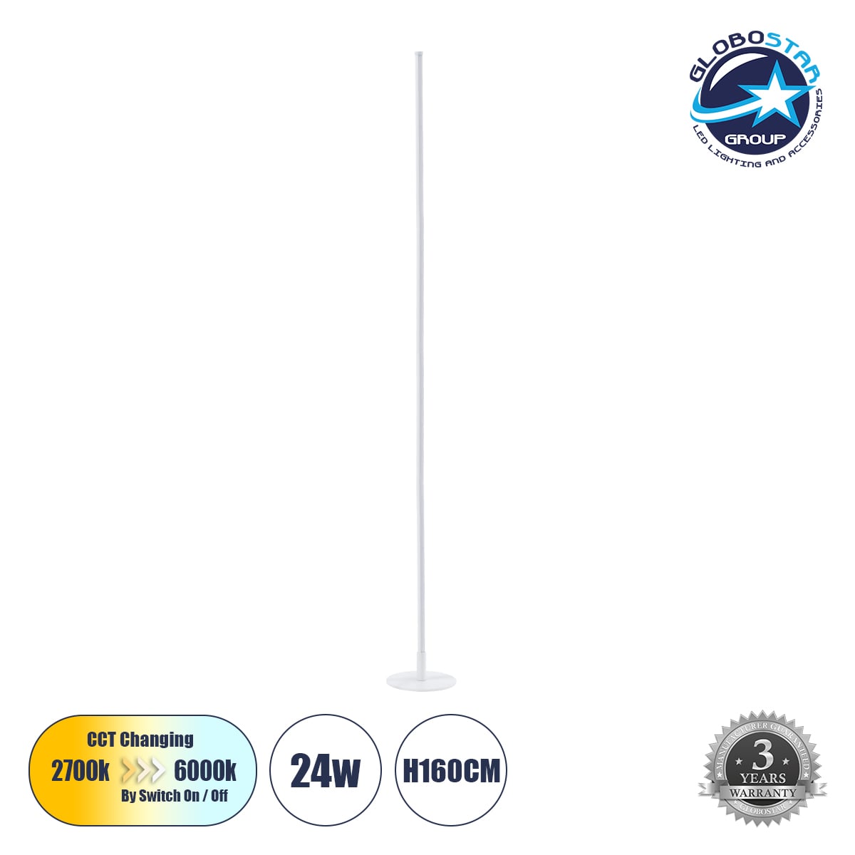 GLOBOSTAR® DALUMA 60471 Μοντέρνο Επιδαπέδιο Φωτιστικό LED 24W 2640lm 200° AC 220-240V IP20 Ρυθμιζόμενο Λευκό CCT με On/Off 2700K/4500K/6000K - Lumileds SMD Chip - Λευκό - Μ18 x Π18 x Υ160cm - 3 Χρόνια Εγγύηση