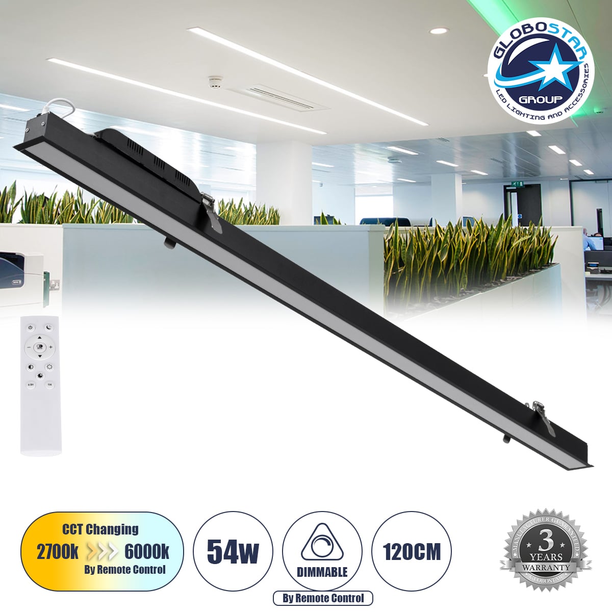 GLOBOSTAR® LUCA 61032 Μοντέρνο Φωτιστικό Οροφής LED 54W 6500lm 120° AC 220-240V IP20 Ρυθμιζόμενο Λευκό CCT με Χειριστήριο από 2700K έως 6000K Dimmable - Lumileds SMD Chip - Μαύρο Ματ - Μ121.5 x Π5 x Υ4cm - 3 Χρόνια Εγγύηση