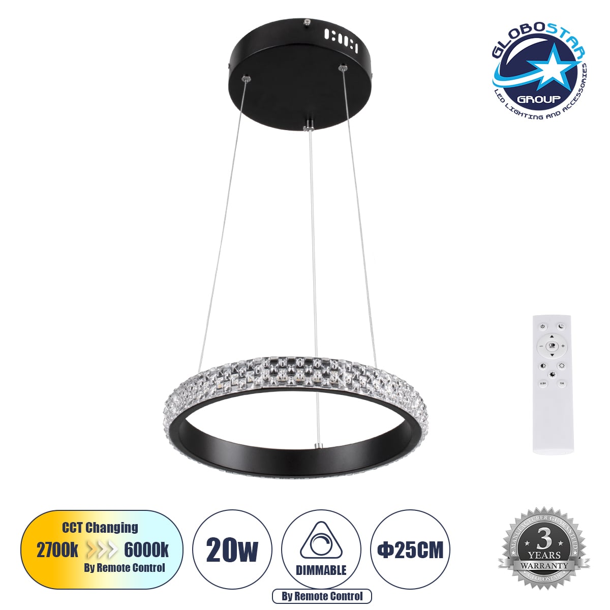GLOBOSTAR® DIAMOND 61126 Μοντέρνο Κρεμαστό Φωτιστικό Οροφής LED 20W 2356lm 360° AC 220-240V IP20 Ρυθμιζόμενο Λευκό CCT με Χειριστήριο από 2700K έως 6000K Dimmable - Lumileds SMD Chip - Μαύρο Ματ - Μ25 x Π25 x Υ3cm - 3 Χρόνια Εγγύηση