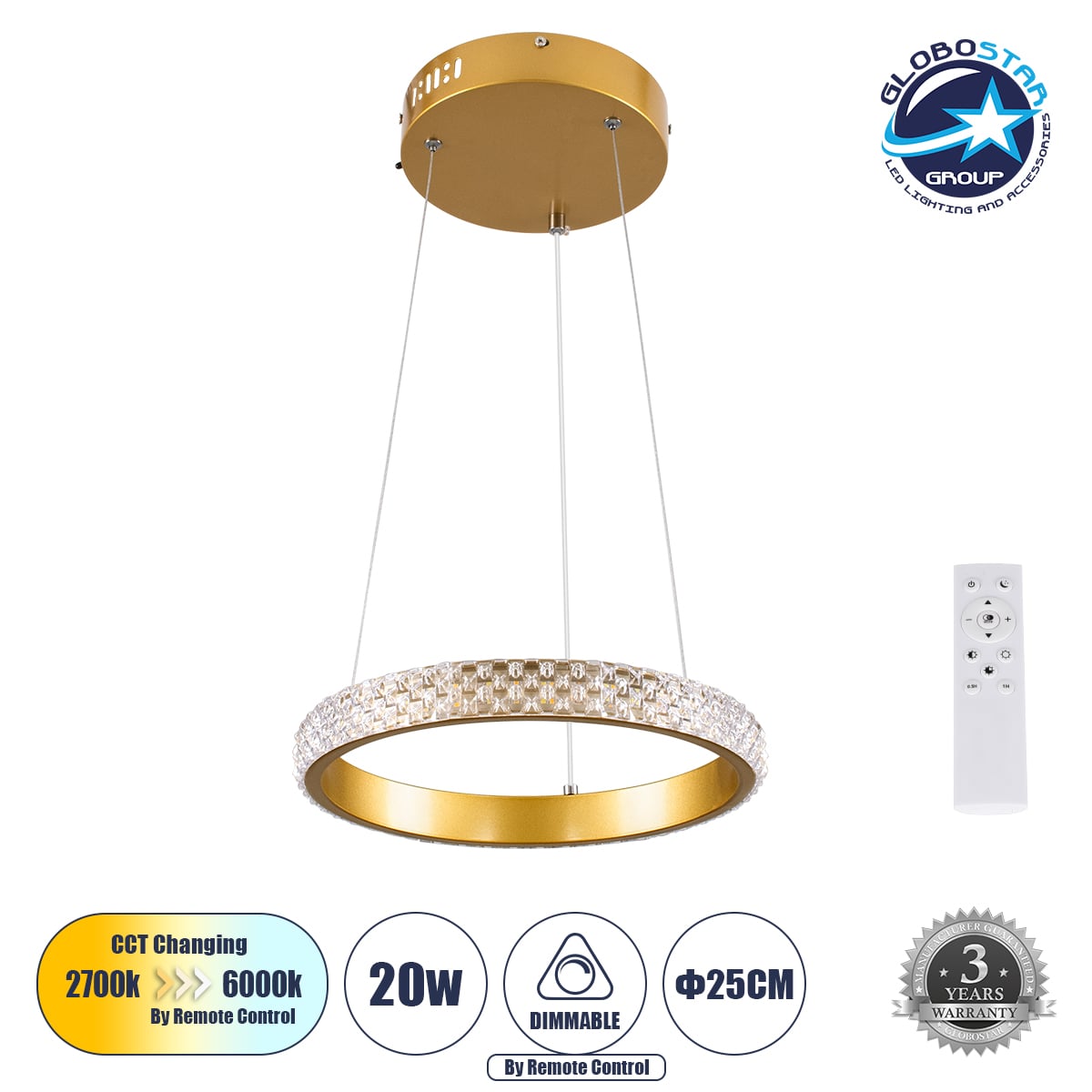 GLOBOSTAR® DIAMOND 61127 Μοντέρνο Κρεμαστό Φωτιστικό Οροφής LED 20W 2356lm 360° AC 220-240V IP20 Ρυθμιζόμενο Λευκό CCT με Χειριστήριο από 2700K έως 6000K Dimmable - Lumileds SMD Chip - Χρυσό Βούρτσας - Μ25 x Π25 x Υ3cm - 3 Χρόνια Εγγύηση