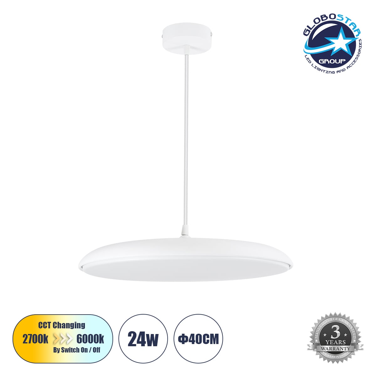 GLOBOSTAR® BARON 61255 Μοντέρνο Κρεμαστό Φωτιστικό Οροφής LED 24W 2880lm 120° AC 220-240V IP20 Ρυθμιζόμενο Λευκό CCT με On/Off 2700K/4500K/6000K - Lumileds SMD Chip - Λευκό Ματ - Μ40 x Π40 x Υ10cm - 3 Χρόνια Εγγύηση