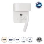 GLOBOSTAR® IBIS 61368 Μοντέρνο Φωτιστικό Τοίχου - Απλίκα Ξενοδοχείου Reading Light με Φορτιστή USB 3A LED 10W 1100lm 36° & 360° AC 220-240V IP20 Φυσικό Λευκό 4500K - Bridgelux COB Chip & TÜV SÜD Driver - Λευκό Ματ - Μ10 x Π6.1 x Υ18cm - 3 Χρόνια Εγγύηση