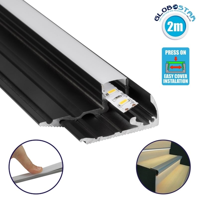 GLOBOSTAR® ALP-STEP-GRIP STAIR 70841-2M Επιφανειακό Προφίλ Αλουμινίου Ειδικό για Φωτισμό Σκαλοπατιού με Λευκό Γαλακτερό Πατητό Κάλυμμα για Ταινίες LED IP20 - Μαύρο & Λευκό - Μ200 x Π6 x Υ2.1cm