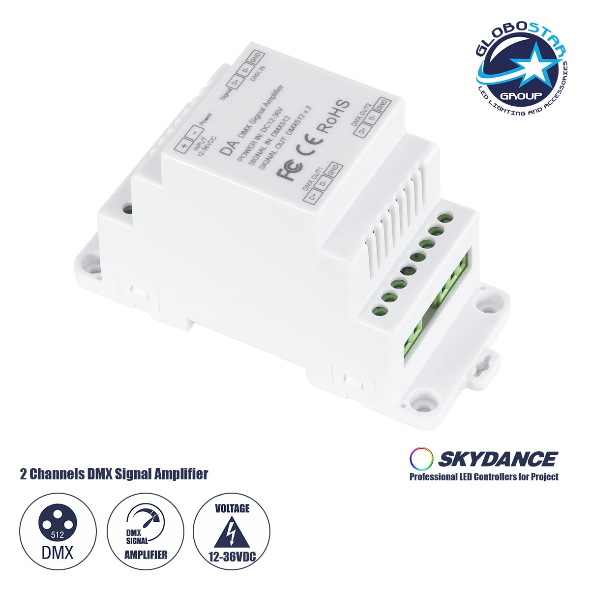 GloboStar® 73137 DA SKYDANCE DC DMX512 Signal Amplifier Din Rail Ράγας 2 Καναλιών DC 12-48V - IP20 Μ11.5 x Π5 x Υ6.5cm - 5 Χρόνια Εγγύηση