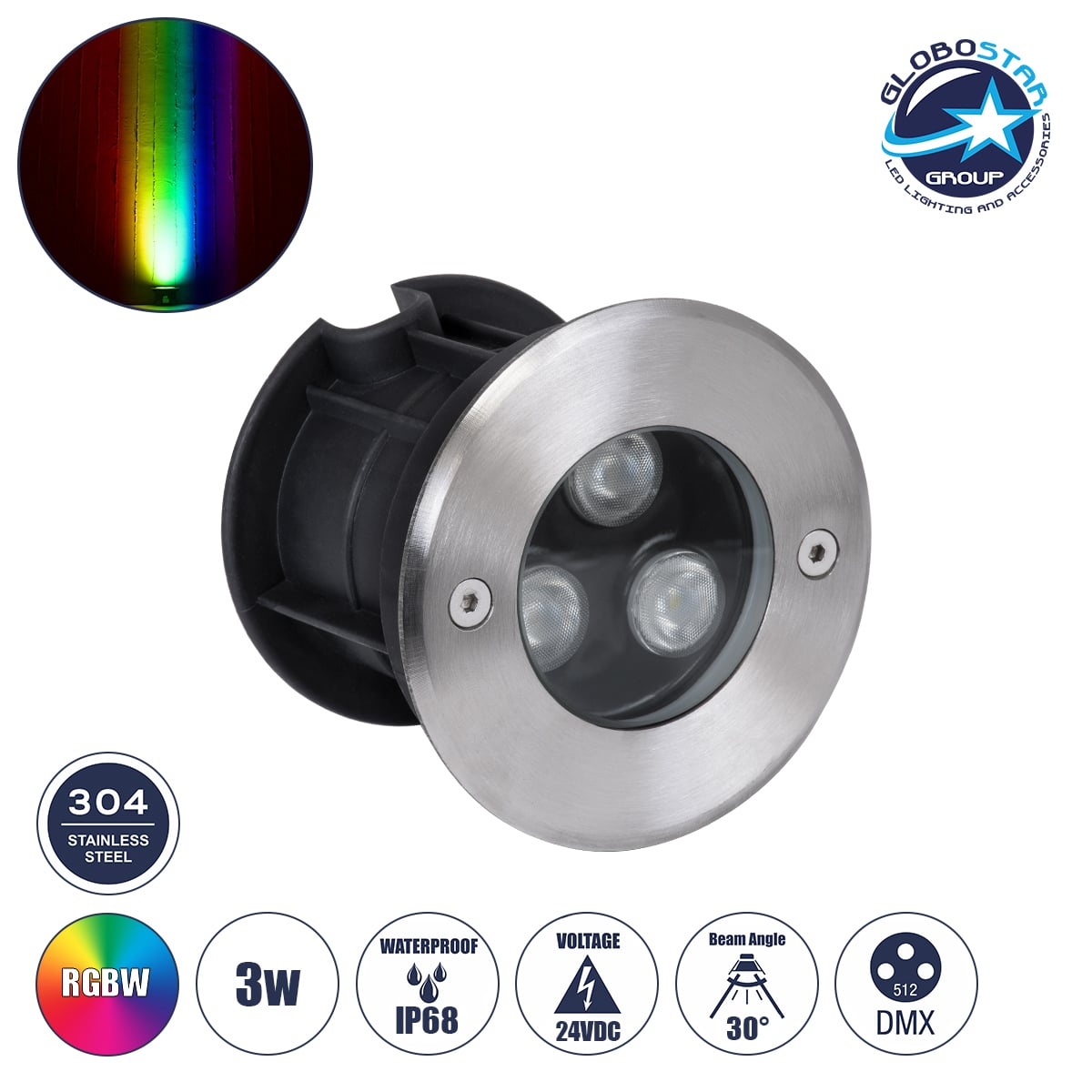 GLOBOSTAR® UNDERWATERHUNI 90416 Υποβρύχιο Χωνευτό Σποτ για Σιντριβάνια/Πισίνες LED 3W 300lm 30° DC 24V Αδιάβροχο IP68 Πολύχρωμο RGBW Dimmable DMX512 - Bridgelux SMD Chip - Ανοξείδωτο Ατσάλι SS304 - Μ10 x Π10 x Υ7.5cm / Q9.5 - 3 Χρόνια Εγγύηση