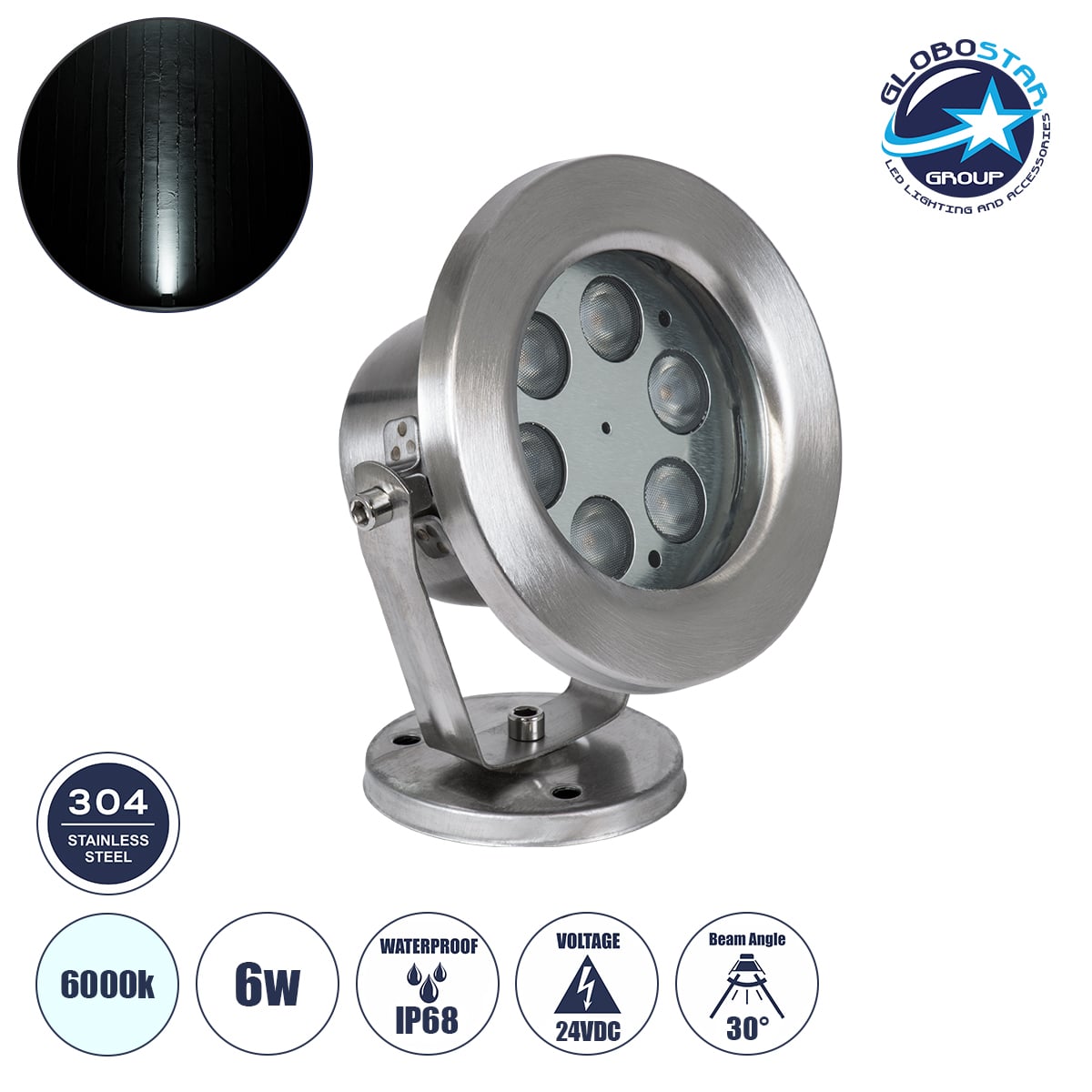 GLOBOSTAR® UNDERWATER-DEDY 90427 Υποβρύχιο Επιφανειακό Σποτ για Σιντριβάνια/Πισίνες LED 6W 600lm 30° DC 24V Αδιάβροχο IP68 Ψυχρό Λευκό 6000K Dimmable - Ανοξείδωτο Ατσάλι 304 - Μ12 x Π7.5 x Υ14.5cm - 3 Χρόνια Εγγύηση