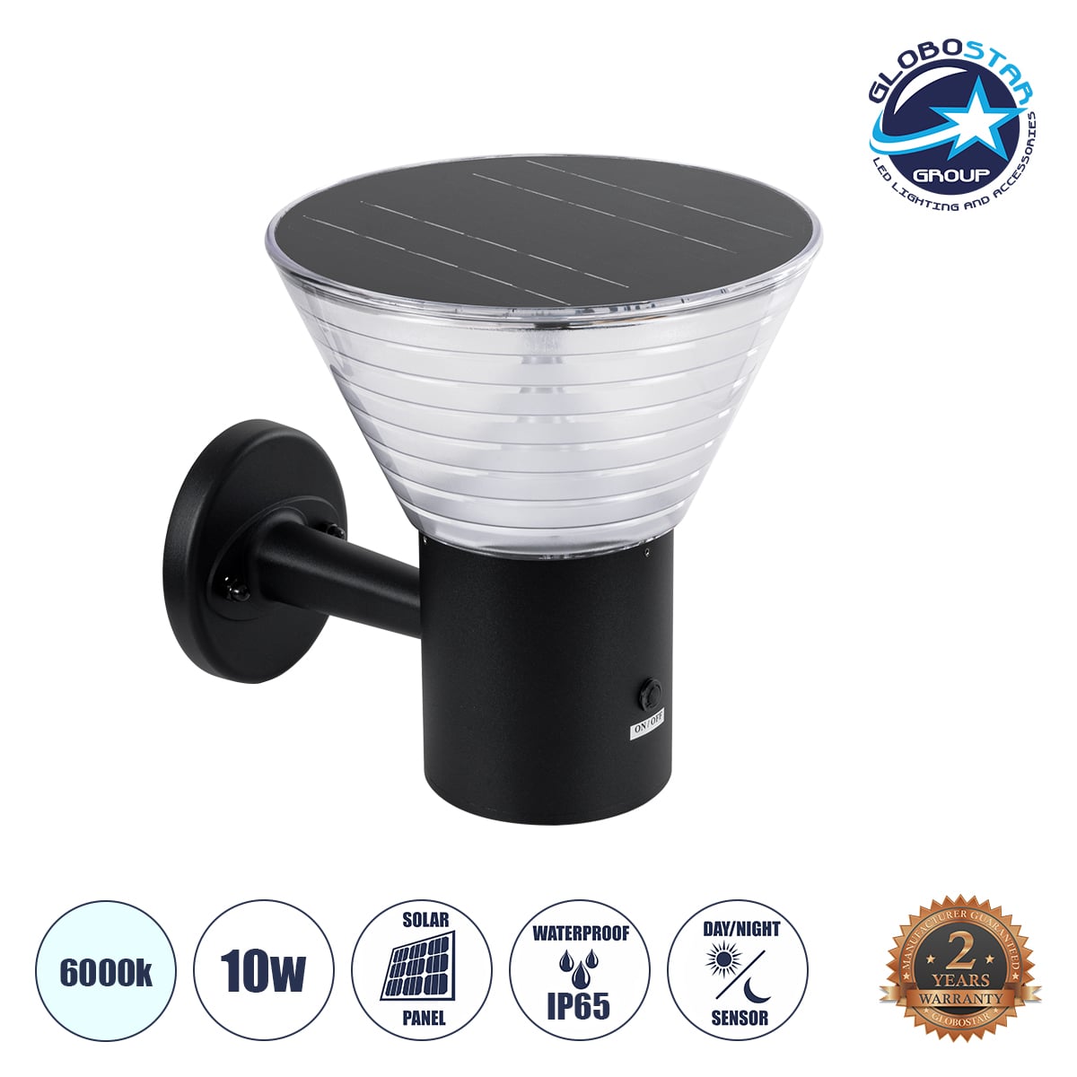 GLOBOSTAR® VEGGIE 90530 Μοντέρνο Φωτιστικό Τοίχου - Απλίκα LED 10W 330lm 120° με Ενσωματωμένο Φωτοβολταϊκό Panel 6V 2W & Επαναφορτιζόμενη Μπαταρία Li-ion 3.2V 1800mAh με Αισθητήρα Ημέρας-Νύχτας Αδιάβροχο IP65 Ψυχρό Λευκό 6000K - Μαύρο- Μ23 x Π30 x Υ25cm - 2 Χρόνια Εγγύηση