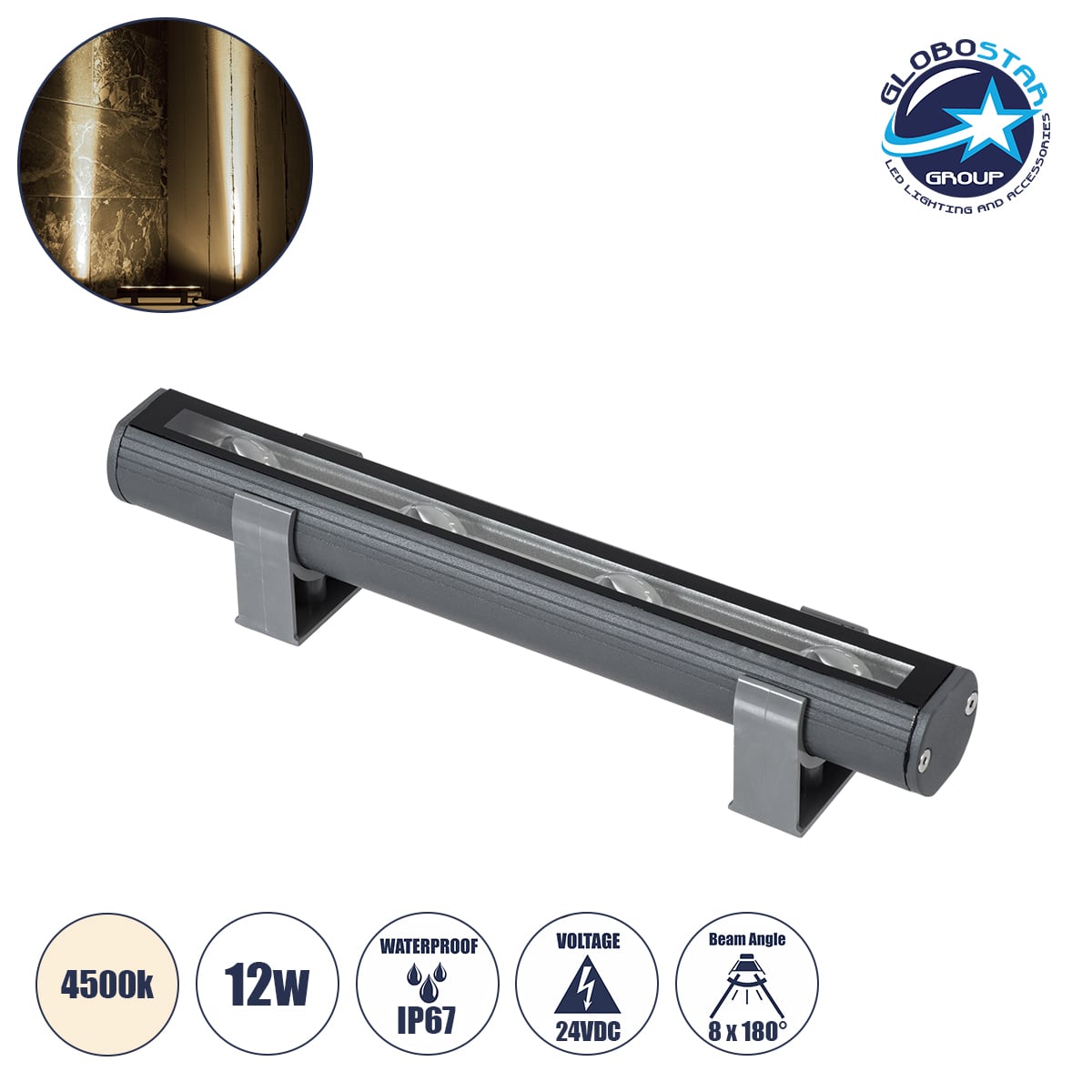 GLOBOSTAR® WINDOWBARI 90538 Φωτιστικό Ανάδειξης Παραθύρων LED 12W 1140lm 8x180° DC 24V Αδιάβροχο IP67 Φυσικό Λευκό 4500K Dimmable - CREE XPE Chip - Γκρι Ανθρακί - Μ30 x Π4 x Υ3.5cm - 3 Χρόνια Εγγύηση