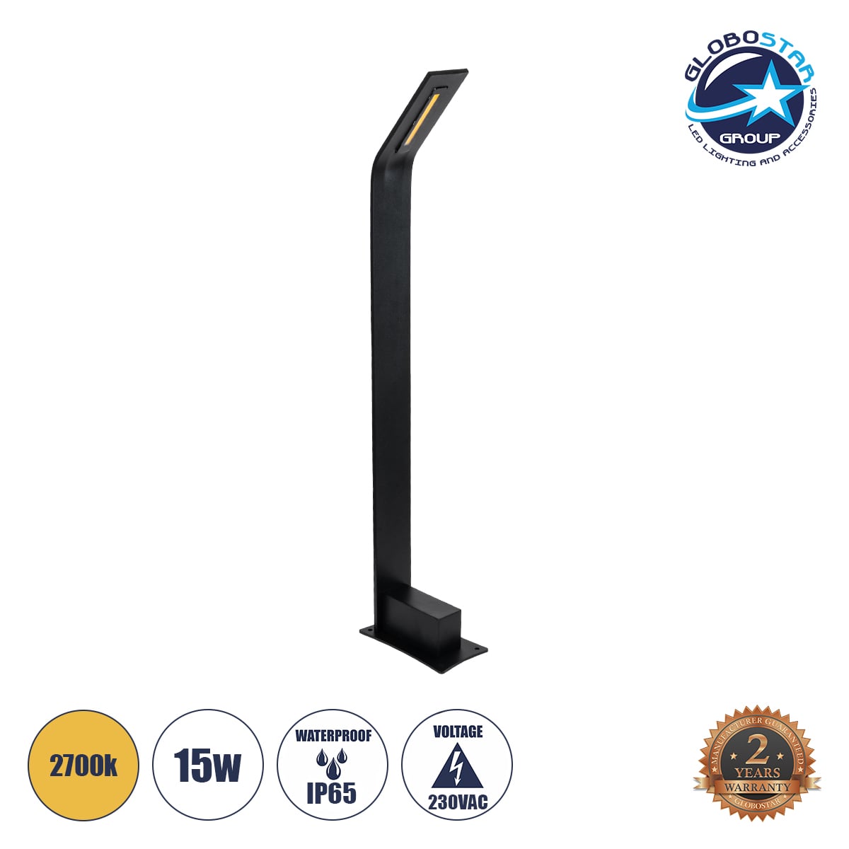 GLOBOSTAR® GREENERY 90544 Φωτιστικό Κολωνάκι Κήπου LED 15W 1500lm 120° AC 220-240V Αδιάβροχο IP65 - Θερμό Λευκό 2700K - Bridgelux COB Chip - Γκρι Ανθρακί Ματ - Μ8 x Π15 x Υ70cm - 3 Χρόνια Εγγύηση