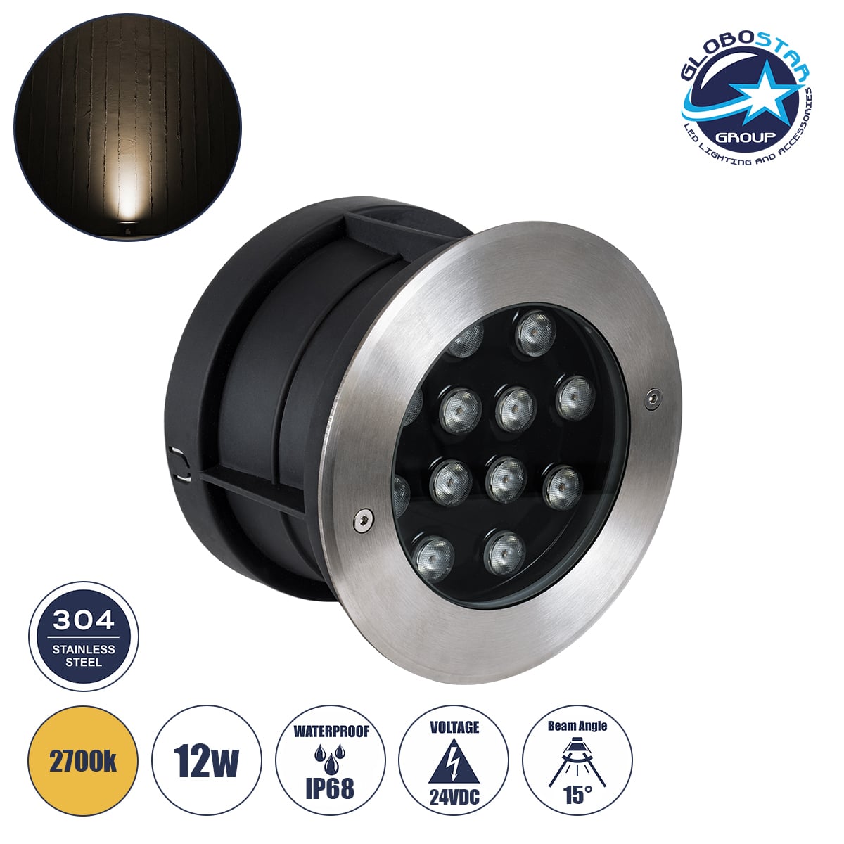 GloboStar® UNDERWATER-JULIA 90568 Υποβρύχιο Χωνευτό Φωτιστικό Σποτ Ειδικό για Σιντριβάνια LED 12W 1080lm 15° DC 24V Αδιάβροχο IP68 Φ18 x Υ11.2cm Θερμό Λευκό 2700K - Ανοξείδωτο Ατσάλι - 3 Χρόνια Εγγύηση