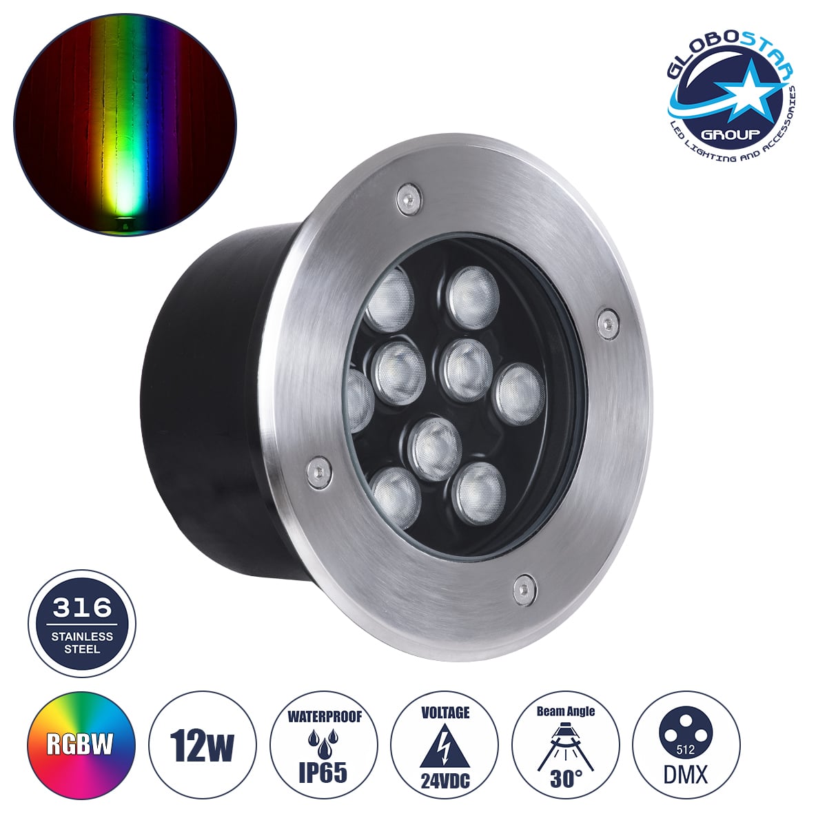 GLOBOSTAR® UNDERGROUNDTINA 90669 Χωνευτό Αρχιτεκτονικο Φωτιστικό Σποτ Δαπέδου LED 12W 1020lm 30° DC 24V Αδιάβροχο IP65 RGBW DMX512 Dimmable - Bridgelux SMD Chip - Ανοξείδωτο Ατσάλι SS304 - Μ16 x Π16 x Υ9cm / Q14cm - 3 Χρόνια Εγγύηση