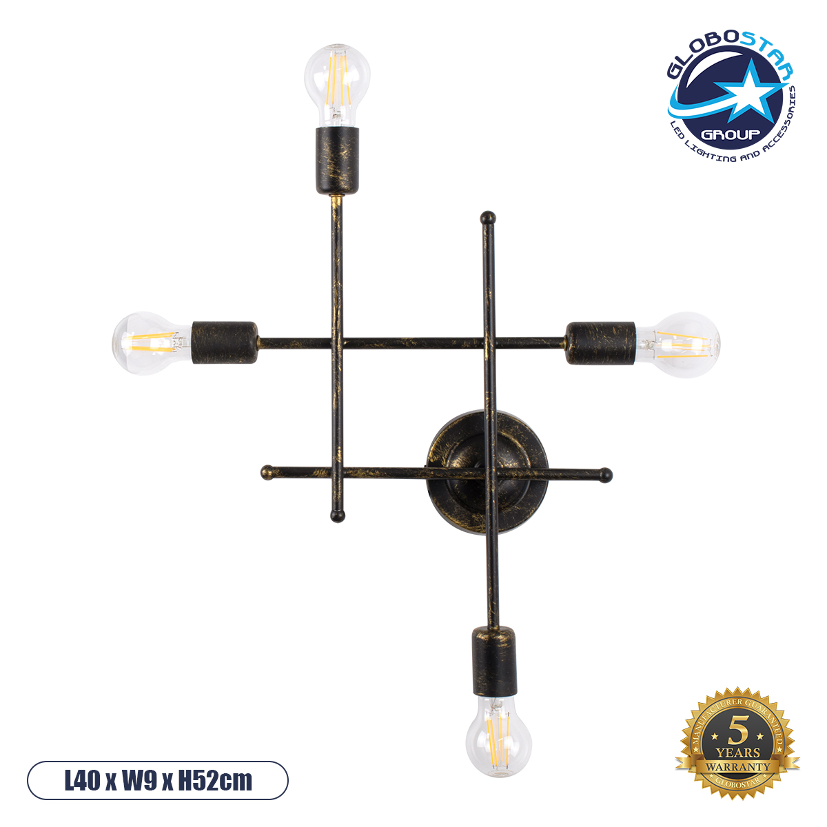 GLOBOSTAR® PIPING 00663 Vintage Φωτιστικό Τοίχου - Απλίκα με Ντουί 4 x E27 AC 220-240V IP20 - Μπρούτζινο - Μ40 x Π9 x Υ52cm