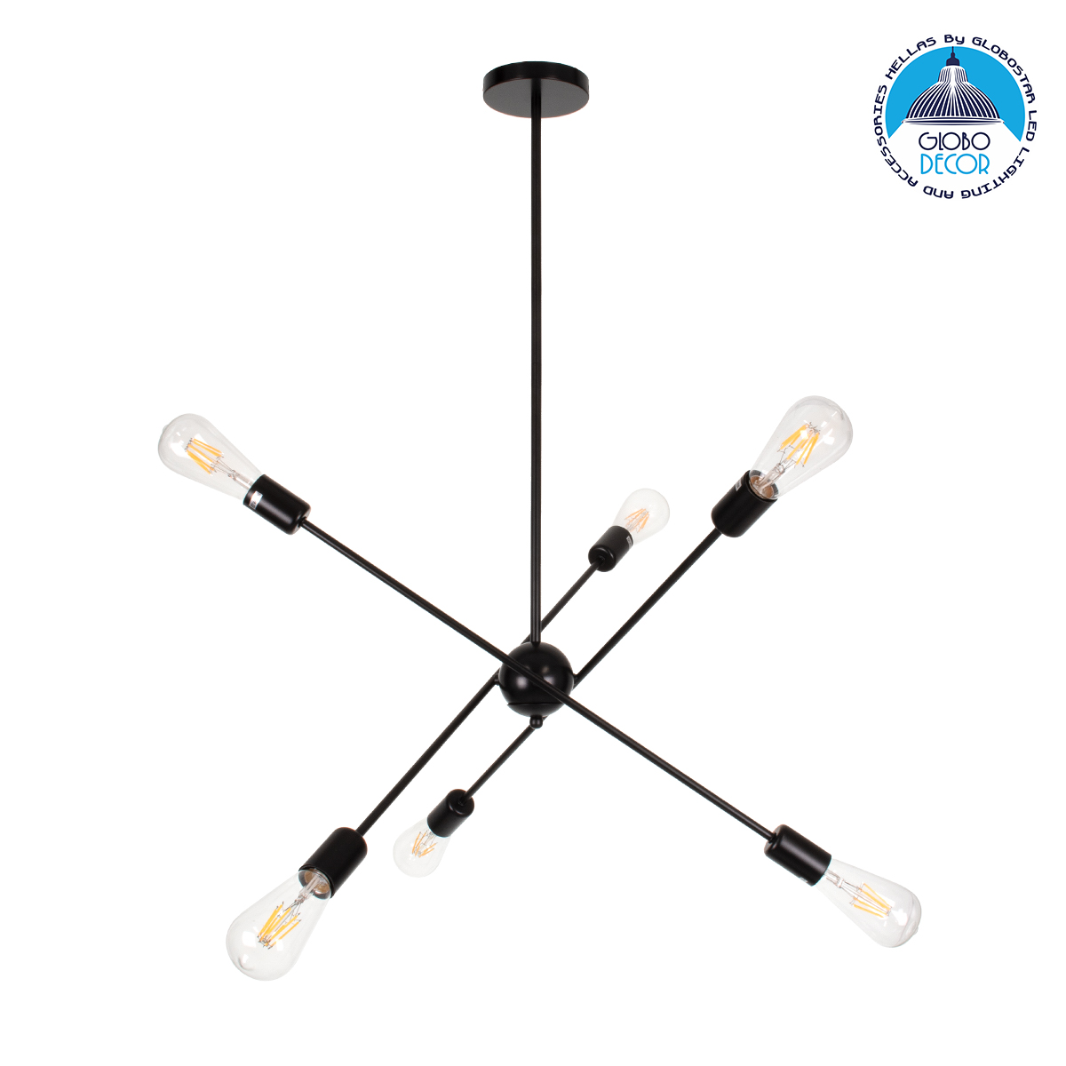 GLOBOSTAR® ZANE 00784 Μοντέρνο Φωτιστικό Οροφής με Ντουί 6 x E27 AC 220-240V IP20 - Μαύρο - Μ70 x Π70 x Υ100cm