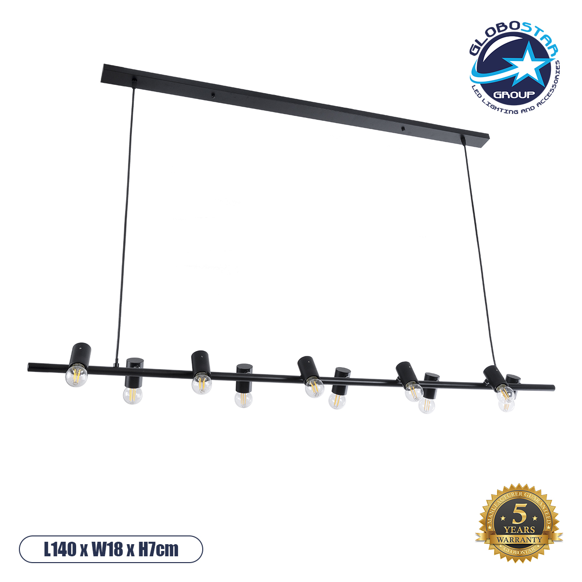 GLOBOSTAR® ALFREDA 01242 Μοντέρνο Κρεμαστό Φωτιστικό Οροφής με Ντουί 10 x E27 AC 220-240V IP20 - Μαύρο - Μ140 x Π18 x Υ7cm