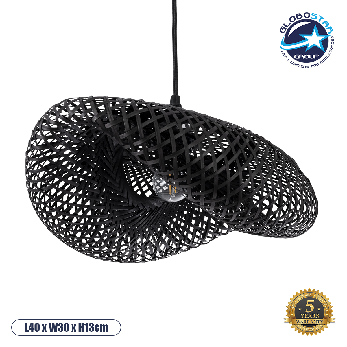 GLOBOSTAR® MEXICO 02200 Boho Κρεμαστό Φωτιστικό Οροφής με Ντουί 1 x E27 AC 220-240V IP20 - Μαύρο - Μ40 x Π30 x Υ13cm