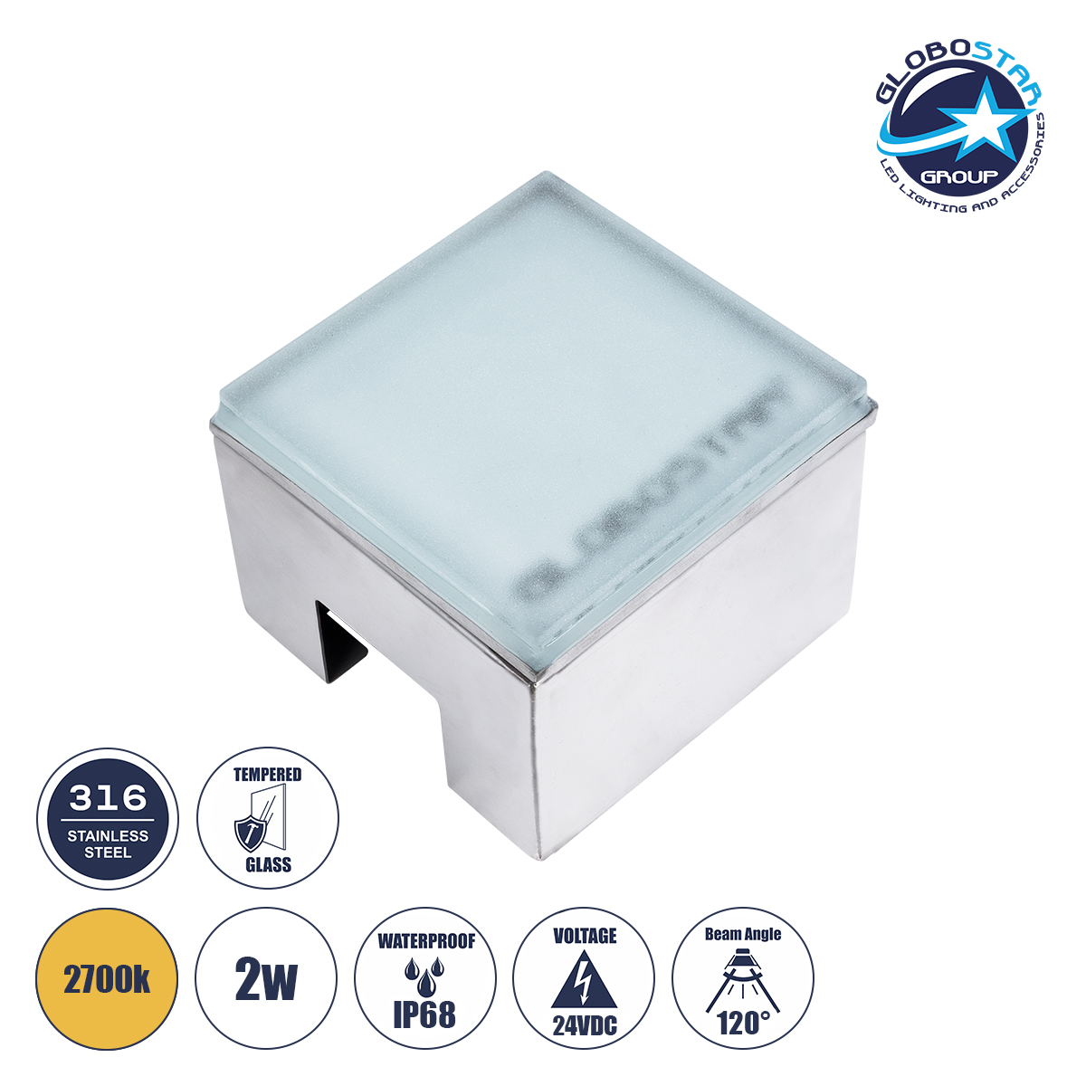 GLOBOSTAR® CYBOLITHOS 60365 Χωνευτό Αρχιτεκτονικο Φωτιστικό Σποτ Δαπέδου LED 2W 220lm 120° DC 24V Αδιάβροχο IP68 IK06 Θερμό Λευκό 2700K Dimmable - Bridgelux SMD Chip - Γαλακτερό Tempered Glass & Ανοξείδωτο Ατσάλι SS316 - Μ10 x Π10x Υ8cm / Q10 x 10cm - 3 Χρόνια Εγγύηση