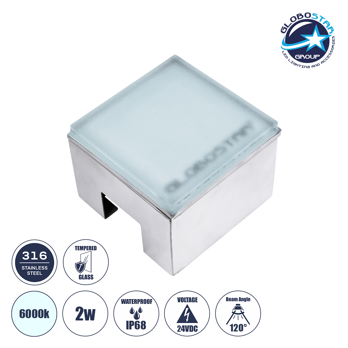 GLOBOSTAR® CYBOLITHOS 60366 Χωνευτό Αρχιτεκτονικο Φωτιστικό Σποτ Δαπέδου LED 2W 240lm 120° DC 24V Αδιάβροχο IP68 IK06 Ψυχρό Λευκό 6000K Dimmable - Bridgelux SMD Chip - Γαλακτερό Tempered Glass & Ανοξείδωτο Ατσάλι SS316 - Μ10 x Π10x Υ8cm / Q10 x 10cm - 3 Χρόνια Εγγύηση