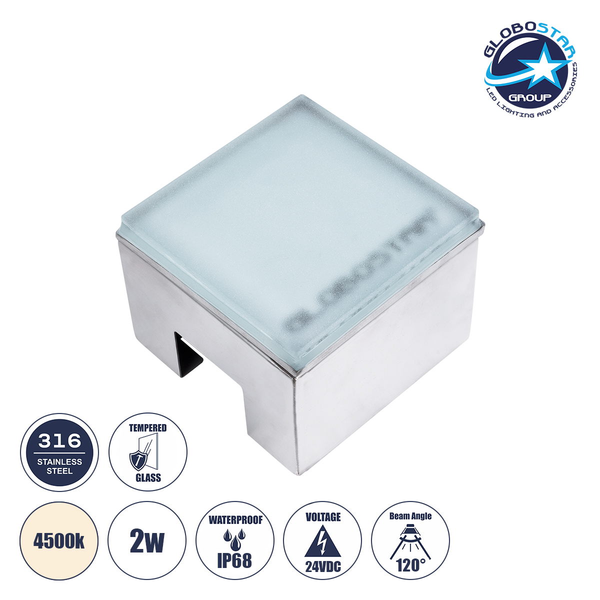 GLOBOSTAR® CYBOLITHOS 60947 Χωνευτό Αρχιτεκτονικο Φωτιστικό Σποτ Δαπέδου LED 2W 230lm 120° DC 24V Αδιάβροχο IP68 IK06 Φυσικό Λευκό 4500K Dimmable - Bridgelux SMD Chip - Γαλακτερό Tempered Glass & Ανοξείδωτο Ατσάλι SS316 - Μ10 x Π10x Υ8cm / Q10 x 10cm - 3 Χρόνια Εγγύηση