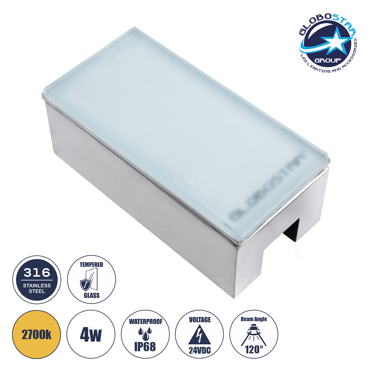 GLOBOSTAR® CYBOLITHOS 60949 Χωνευτό Αρχιτεκτονικο Φωτιστικό Σποτ Δαπέδου LED 4W 440lm 120° DC 24V Αδιάβροχο IP68 IK06 Θερμό Λευκό 2700K Dimmable - Bridgelux SMD Chip - Γαλακτερό Tempered Glass & Ανοξείδωτο Ατσάλι SS316 - Μ20 x Π10x Υ8cm / Q20 x 10cm - 3 Χρόνια Εγγύηση