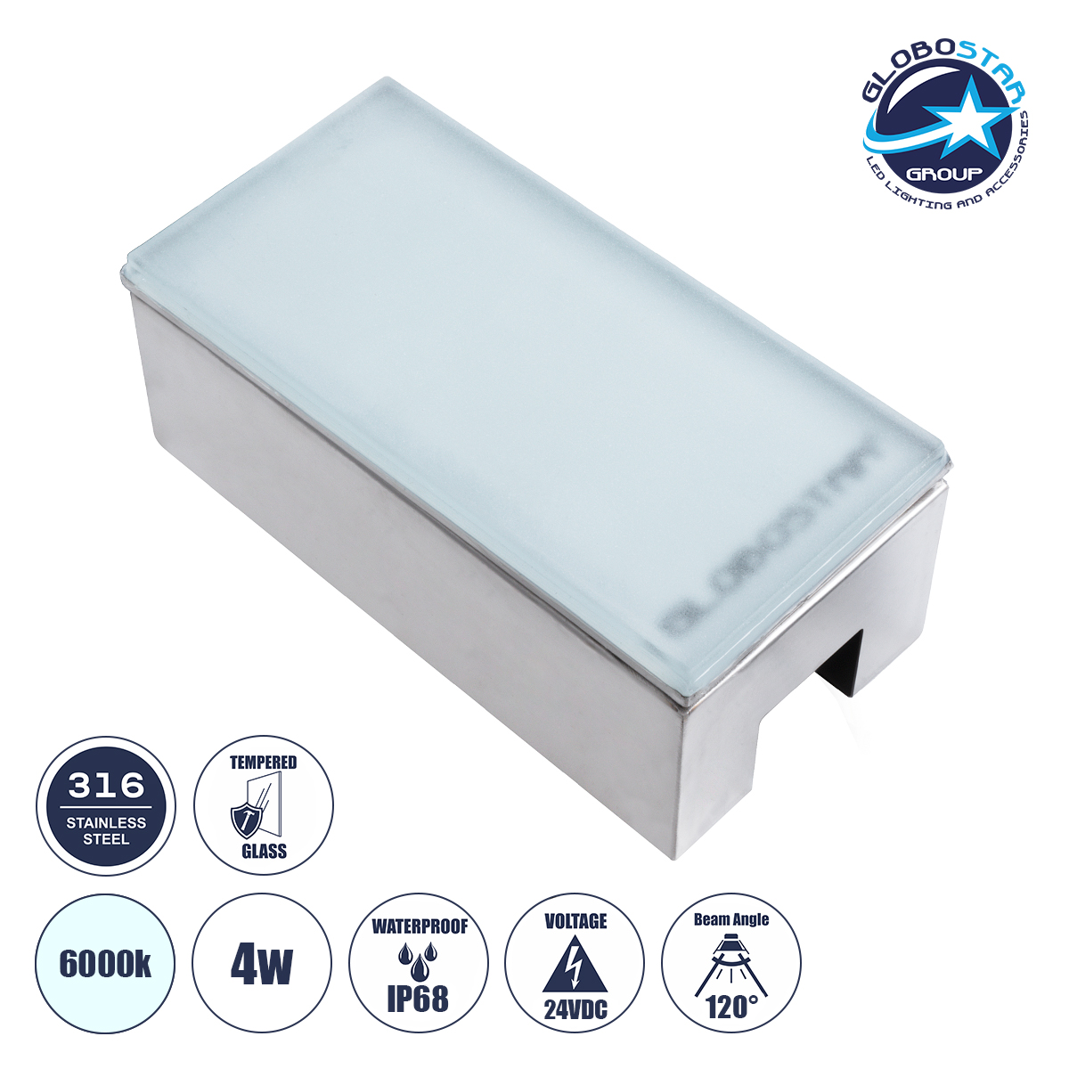 GLOBOSTAR® CYBOLITHOS 60951 Χωνευτό Αρχιτεκτονικο Φωτιστικό Σποτ Δαπέδου LED 4W 480lm 120° DC 24V Αδιάβροχο IP68 IK06 Ψυχρό Λευκό 6000K Dimmable - Bridgelux SMD Chip - Γαλακτερό Tempered Glass & Ανοξείδωτο Ατσάλι SS316 - Μ20 x Π10x Υ8cm / Q20 x 10cm - 3 Χρόνια Εγγύηση