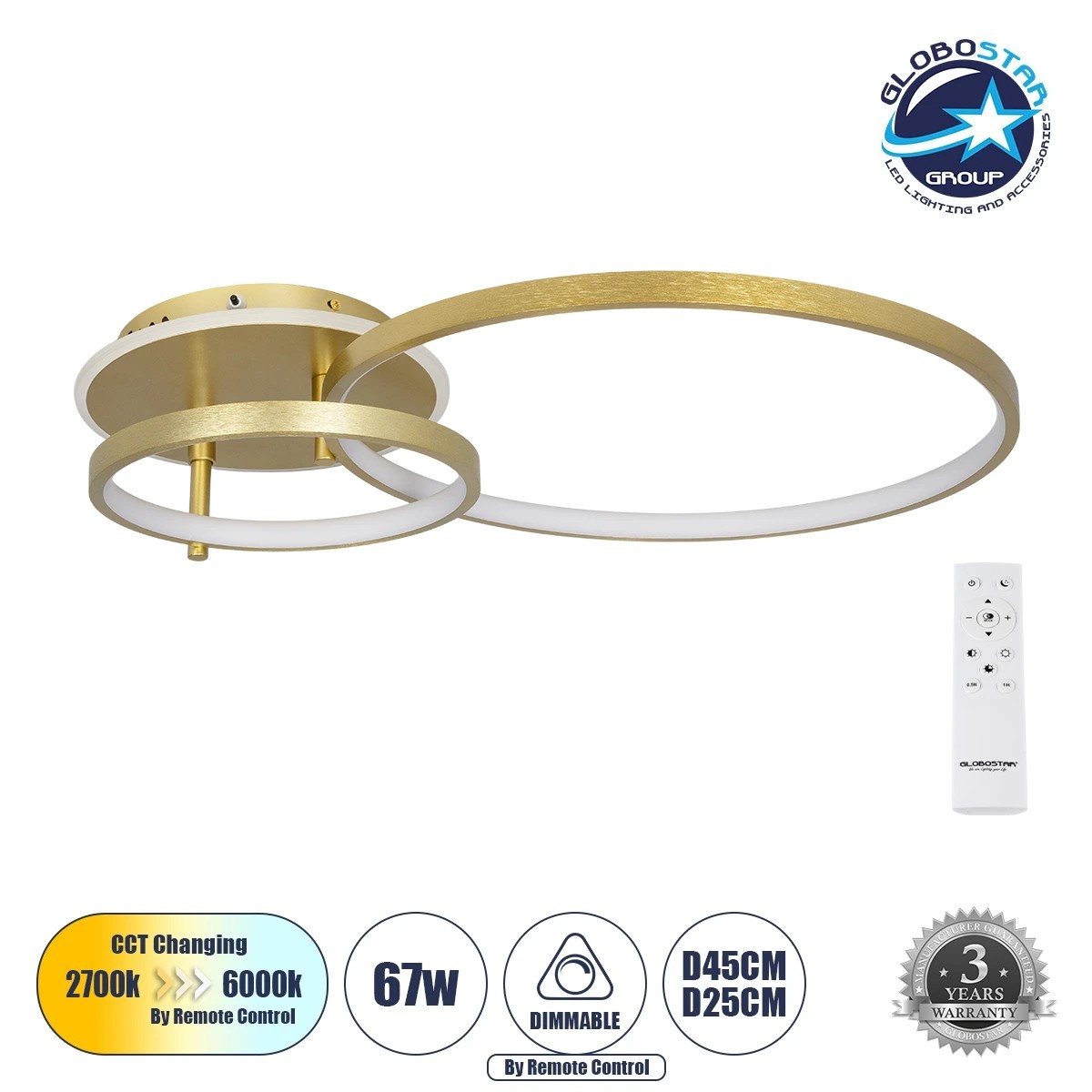GLOBOSTAR® NEMESIS 61107 Μοντέρνο Φωτιστικό Οροφής LED 67W 6700lm 360° AC 220-240V IP20 Ρυθμιζόμενο Λευκό CCT με Χειριστήριο από 2700K έως 6000K Dimmable - Lumileds SMD Chip - Χρυσό Βούρτσας - Μ84 x Π45 x Υ13cm - 3 Χρόνια Εγγύηση