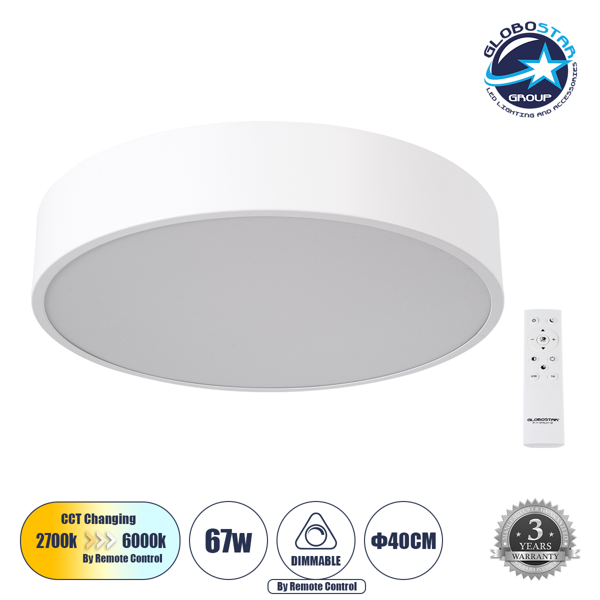 GLOBOSTAR® BURTON 61201-S Μοντέρνο Φωτιστικό Οροφής LED 67W 7370lm 120° AC 220-240V IP20 Ρυθμιζόμενο Λευκό CCT με Χειριστήριο από 2700K έως 6000K Dimmable - Lumileds SMD Chip - Λευκό Ματ - Μ40 x Π40 x Υ8cm - 3 Χρόνια Εγγύηση