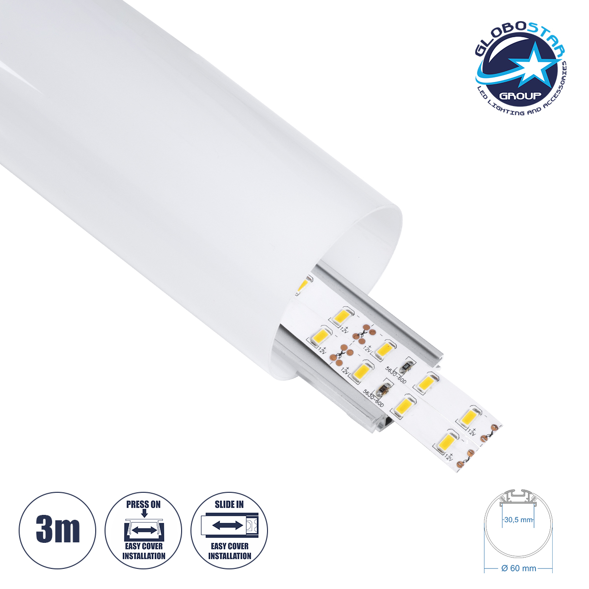 GLOBOSTAR® ALP-ROUND TUBIT 70855-3M Επιφανειακό & Κρεμαστό Προφίλ Αλουμινίου με Λευκό Γαλακτερό Πατητό Κάλυμμα για Ταινίες LED IP20 - Ασημί & Λευκό - Μ300 x Π6 x Υ6cm