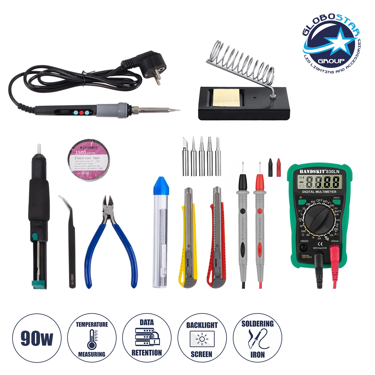 GLOBOSTAR® ELEKIT 79978 Ολοκληρωμένο DIY ΚΙΤ Εργαλείων Ηλεκτρονικού - Κολλητήρι & Βάση, Απορροφητική Τρόμπα Κόλλησης, Πλαγιοκόφτης, Τσιμπιδάκι Tweezer, Πενσέτα, Καλάι Κόλλησης, Κοπίδια, Φαλτσέτες & Ψηφιακό Πολύμετρο - Μ26 x Π18 x Υ5.5cm