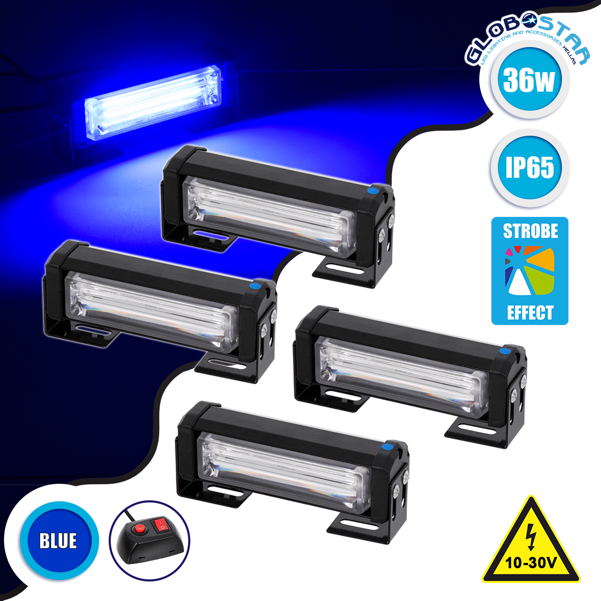 GloboStar® 85032 PRO Series ΣΕΤ 4 x Μπάρες Σήμανσης Οχήματος Αστυνομίας για Αυτοκίνητα & Φορτηγά 13 Προγραμμάτων Φωτισμού STROBE LED CREE CXB COB 36W DC 10-30V Αδιάβροχο IP65 Μπλε
