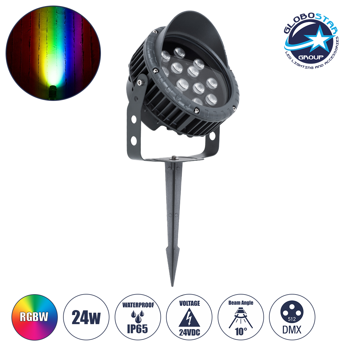 GLOBOSTAR® TREEVINA 90362 Φωτιστικό Σποτ με Αντιθαμβωτική Γρίλια για Φυτά - Δέντρα με Βάση Κήπου / Καρφωτό LED 24W 2040lm 10° DC 24V Αδιάβροχο IP65 Πολύχρωμο RGBW Dimmable DMX512 - Bridgelux SMD Chip - Γκρι Ανθρακί - Μ21.5 x Π18.3 x Υ14cm - 3 Χρόνια Εγγύηση