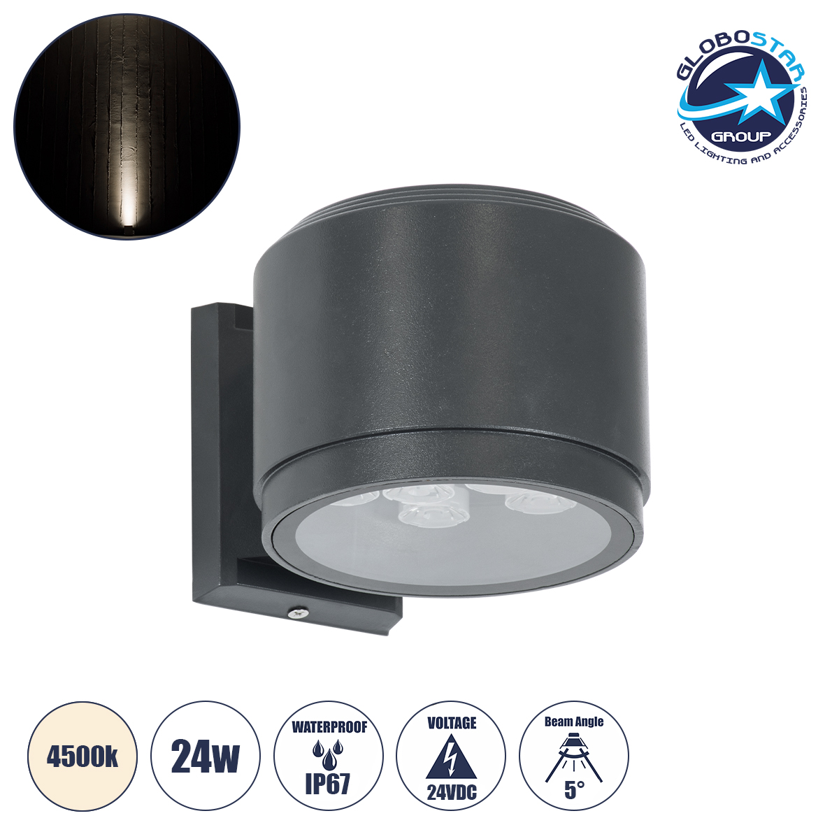 GLOBOSTAR® WALLLIGHT-GONA 90484 Μοντέρνο Φωτιστικό Τοίχου - Απλίκα LED 24W 2280lm 5° DC 24V Αδιάβροχο IP67 Φυσικό Λευκό 4500K - CREE COB Chip & TÜV SÜD Driver - Γκρι Ανθρακί Ματ - Μ13 x Π16.5 x Υ5cm - 3 Χρόνια Εγγύηση