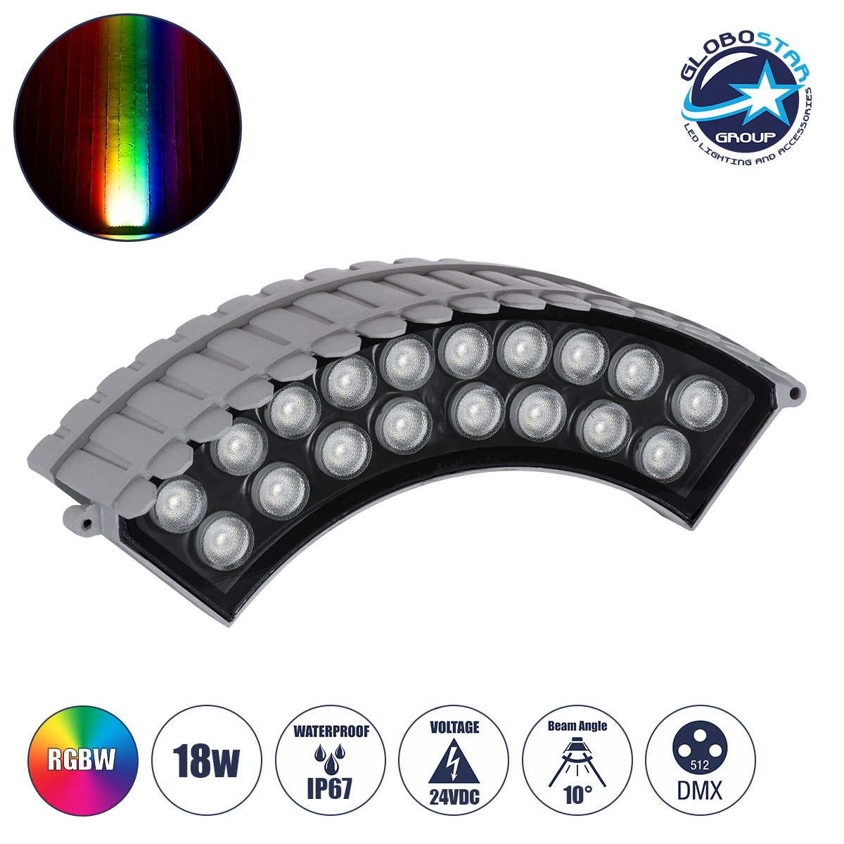 GLOBOSTAR® TREEJINA 90692 Κυρτή Μπάρα Φωτισμού Wall Washer για Φυτά - Δέντρα LED 18W 1530lm 10° DC 24V Αδιάβροχο IP67 Πολύχρωμο RGBW Dimmable DMX512 - Bridgelux SMD Chip - Γκρι - Μ29 x Π11 x Υ10.5cm - 3 Χρόνια Εγγύηση