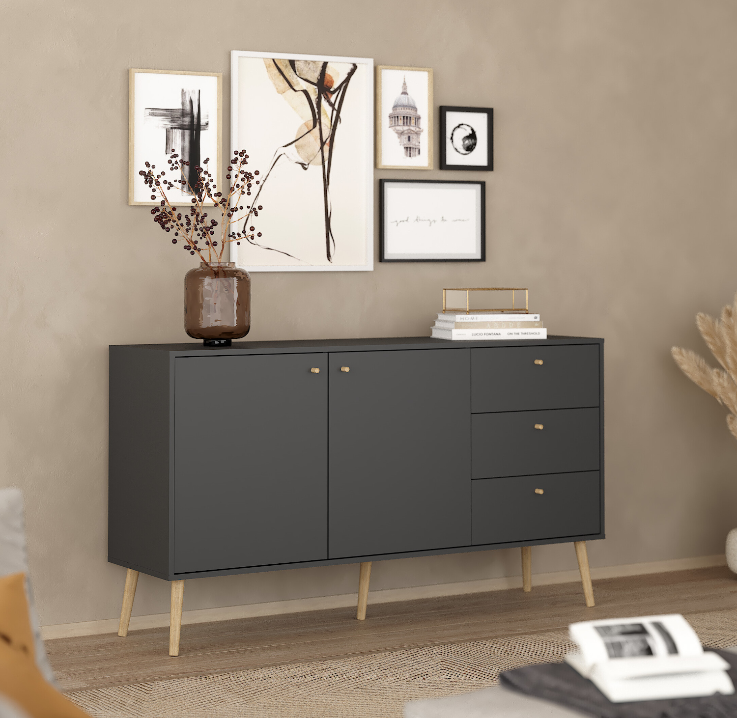 Bodo μπουφές με 2 πόρτες και 3 συρτάρια 147x39x81,7εκ. Γκρι
