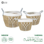 GloboStar® Artificial Garden SARDINIA 20335 ΣΕΤ 3 Διακοσμητικά Πλεκτά Καλάθια - Κασπώ Γλάστρες - Flower Pots Μπεζ με Μακραμέ A:Φ25cm x Υ20cm B:Φ30cm x Υ27cm C:Φ35cm x Υ30cm