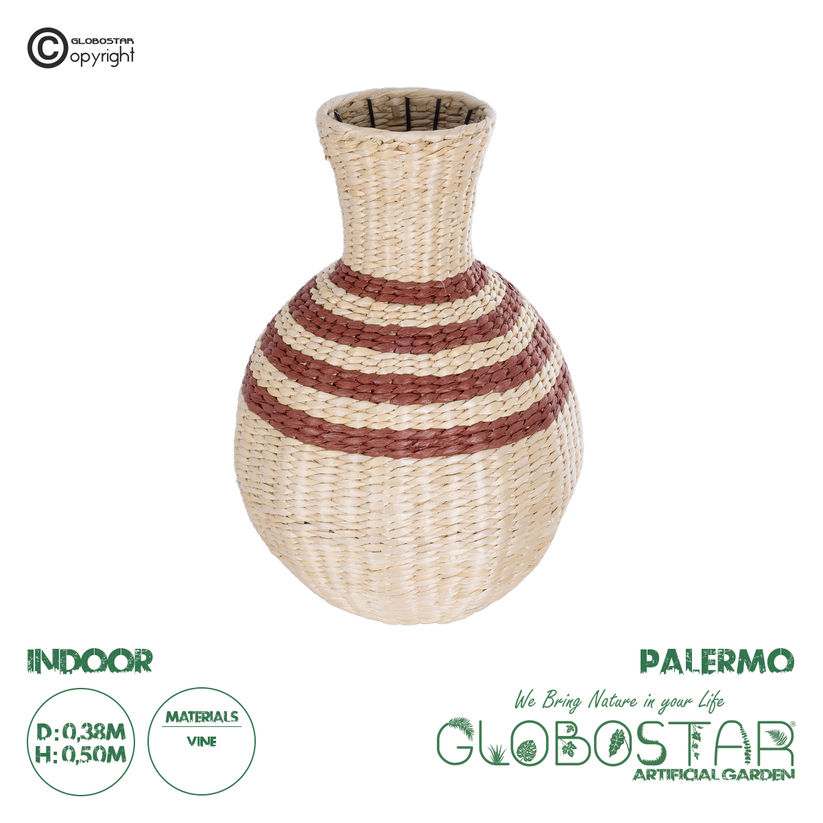 GloboStar® Artificial Garden PALERMO 21231 Διακοσμητικό Πλεκτό Καλάθι - Κασπώ Γλάστρα - Flower Pot Μπεζ με Μπορντό Φ38cm x Υ50cm